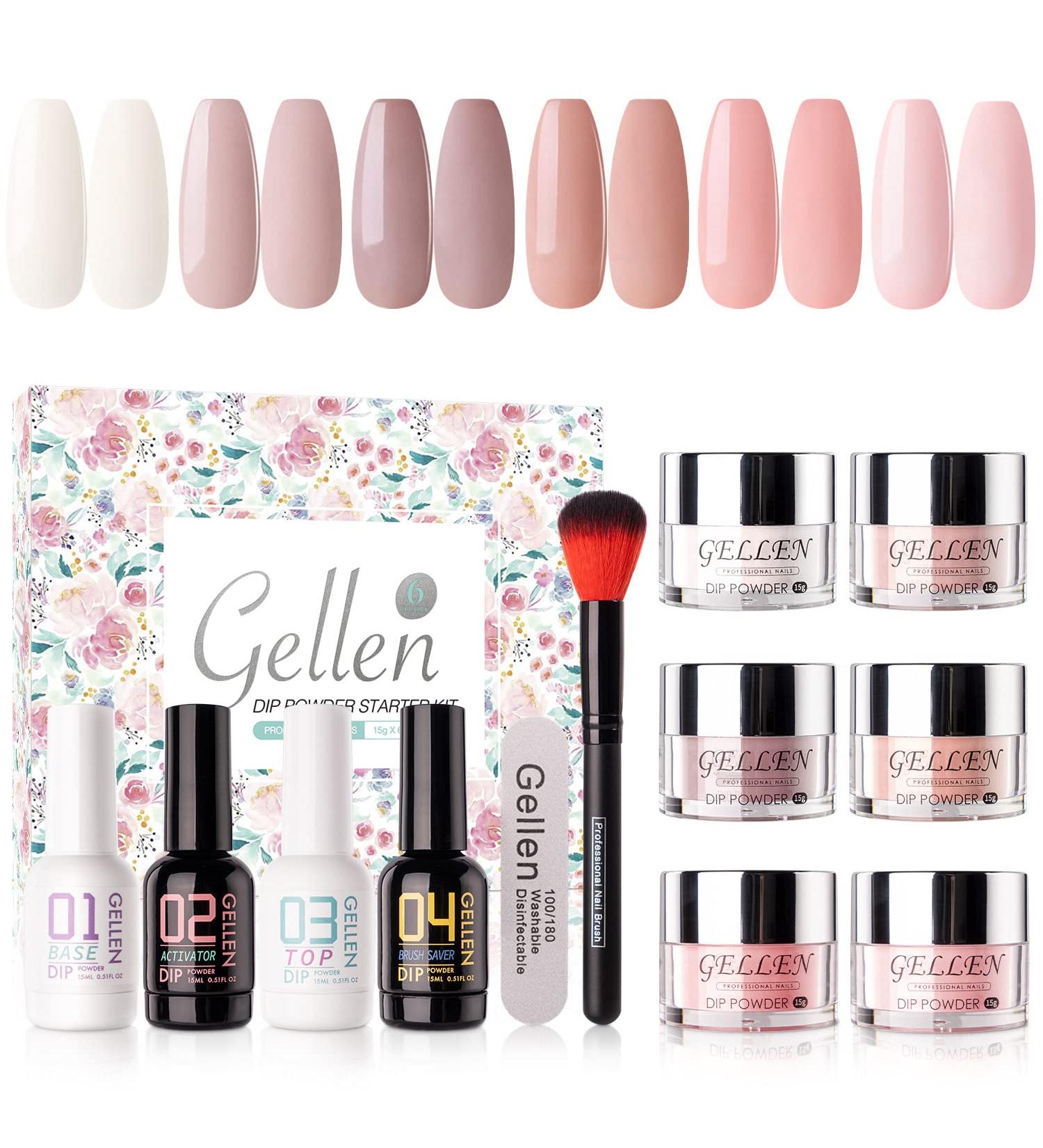 Gellen Dip Powder Nail Kit - 6 Color Acrylic Starter Set with Top & Base Coat, Clear Dipping Powder Liquid - DIY Manicure Kit for Home/Salon Nail Art - Gentle Nudes - Buy Online on GoSupps.com