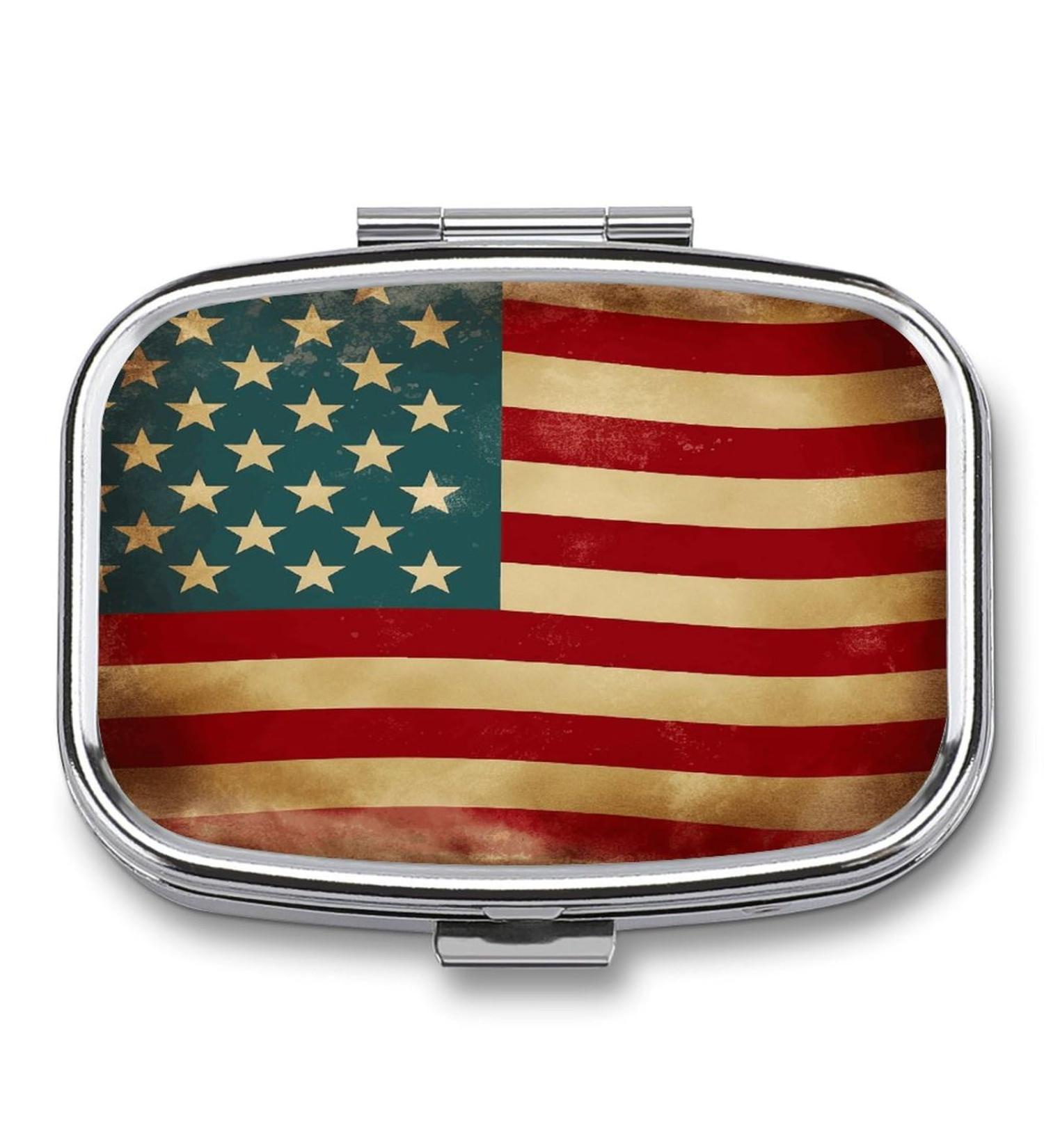 Vintage American Flag Pill Box - 4th of July USA Print | 2 Compartment Portable Pill Organizer | Decorative Metal Case for Pocket or Purse - Buy Online on GoSupps.com