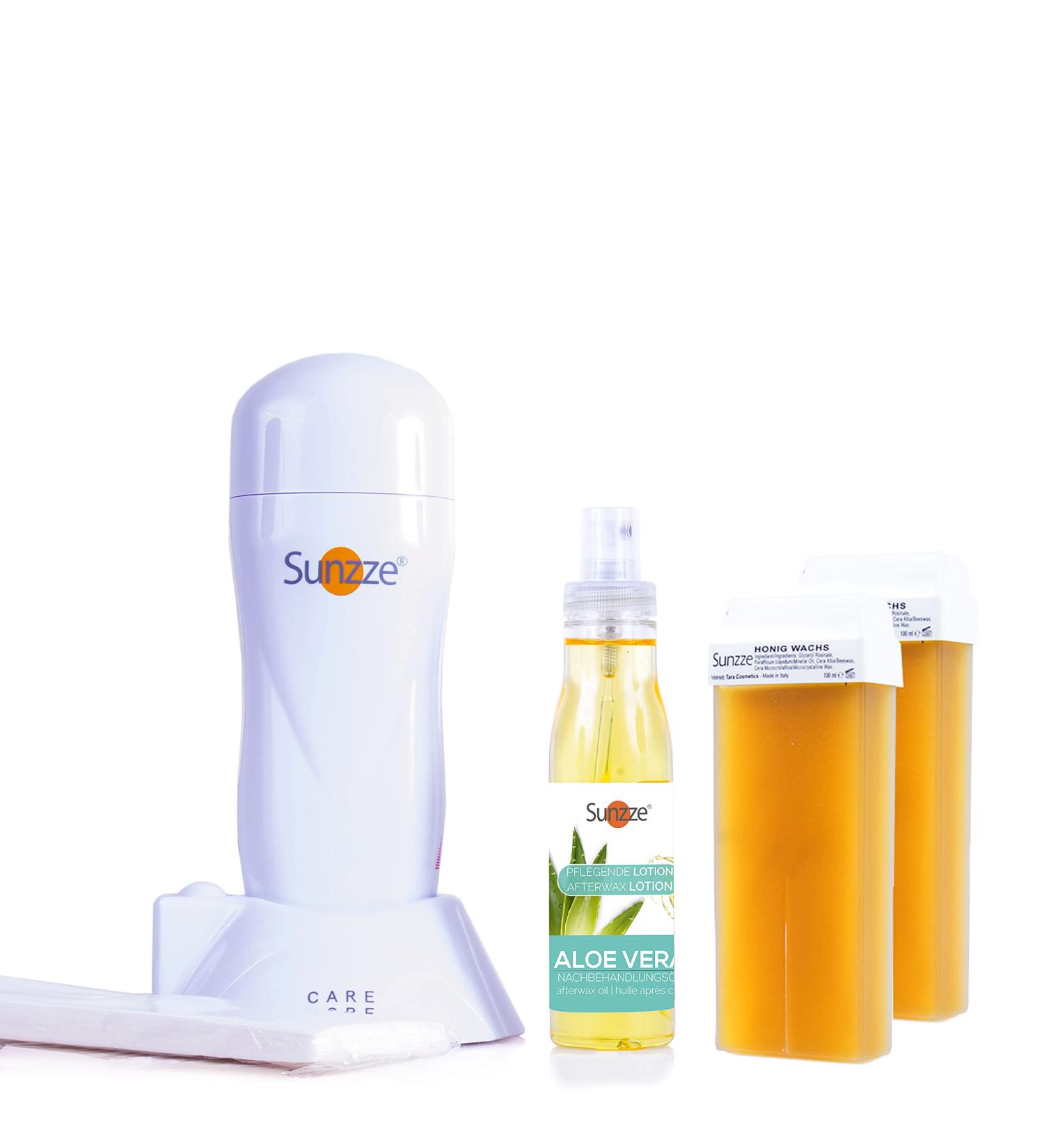 Sunzze Warm Wax Set - Honey Roll-On Wax Cartridges Heater Fleece Strips & After-Wax Lotion - Perfect for Smooth Hair-Free Skin - Buy Online on GoSupps.com
