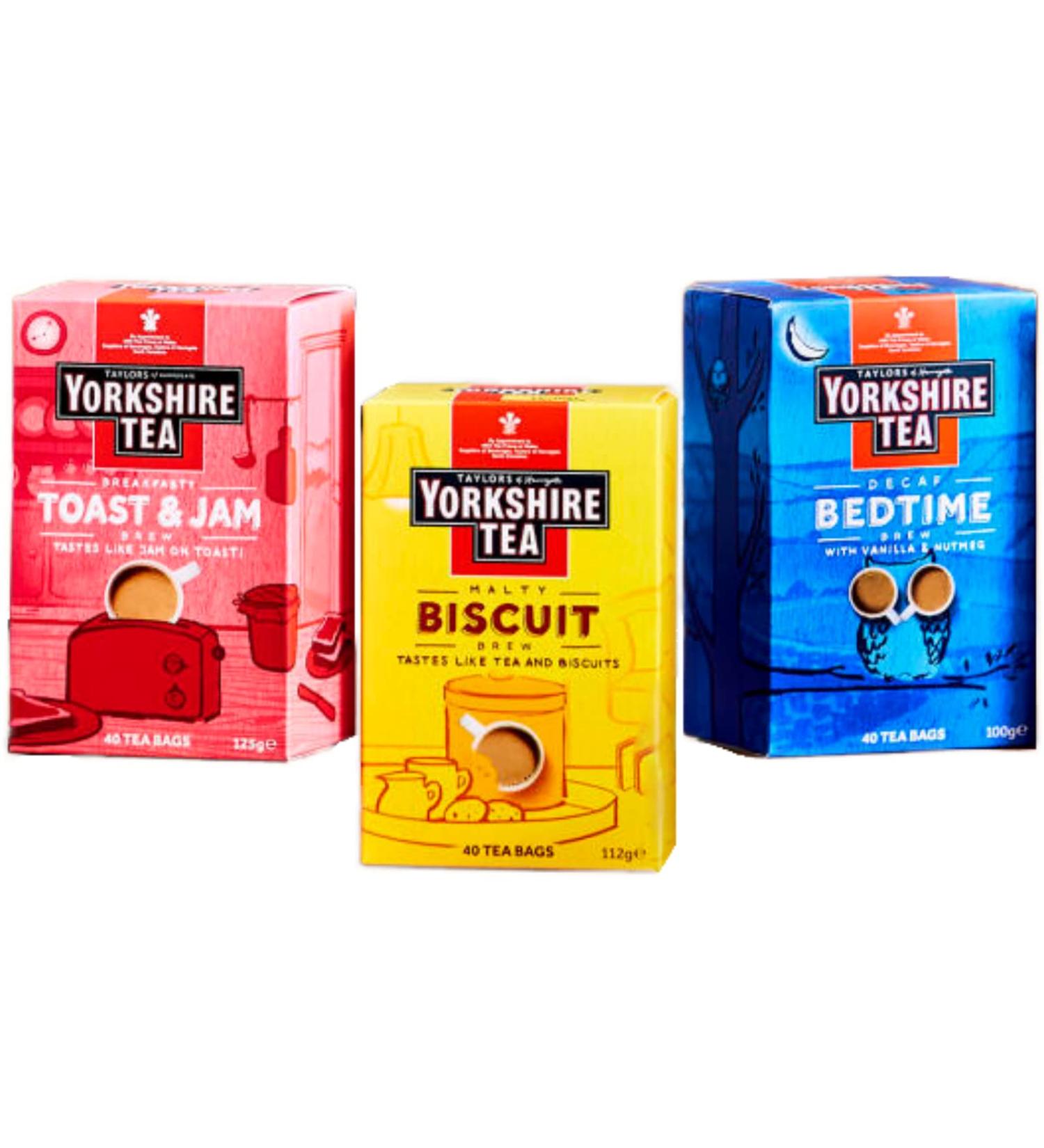 Taylors Tea Brew Selection | Breakfasty Toast & Jam Malty Biscuit Decaf Bedtime | Set of 3 | 40 Tea bags Each | Total 120 Tea bags - Buy Online on GoSupps.com