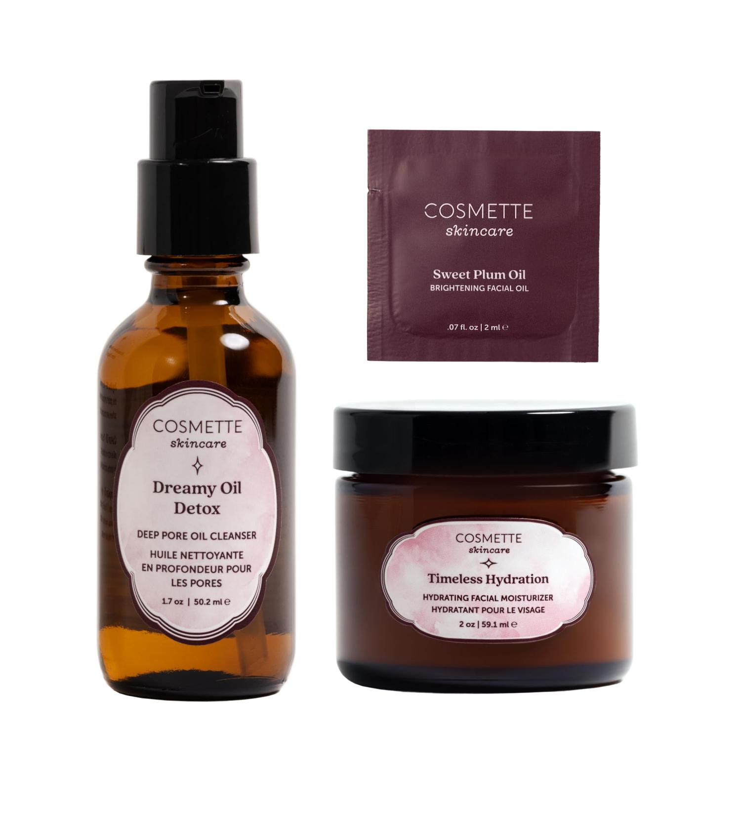 Cosmette Skincare Daily Fine Lines Solution Bundle | Dreamy Oil Detox Cleanser Timeless Hydration Moisturizer Sweet Plum Oil Sample Packette - Buy Online on GoSupps.com