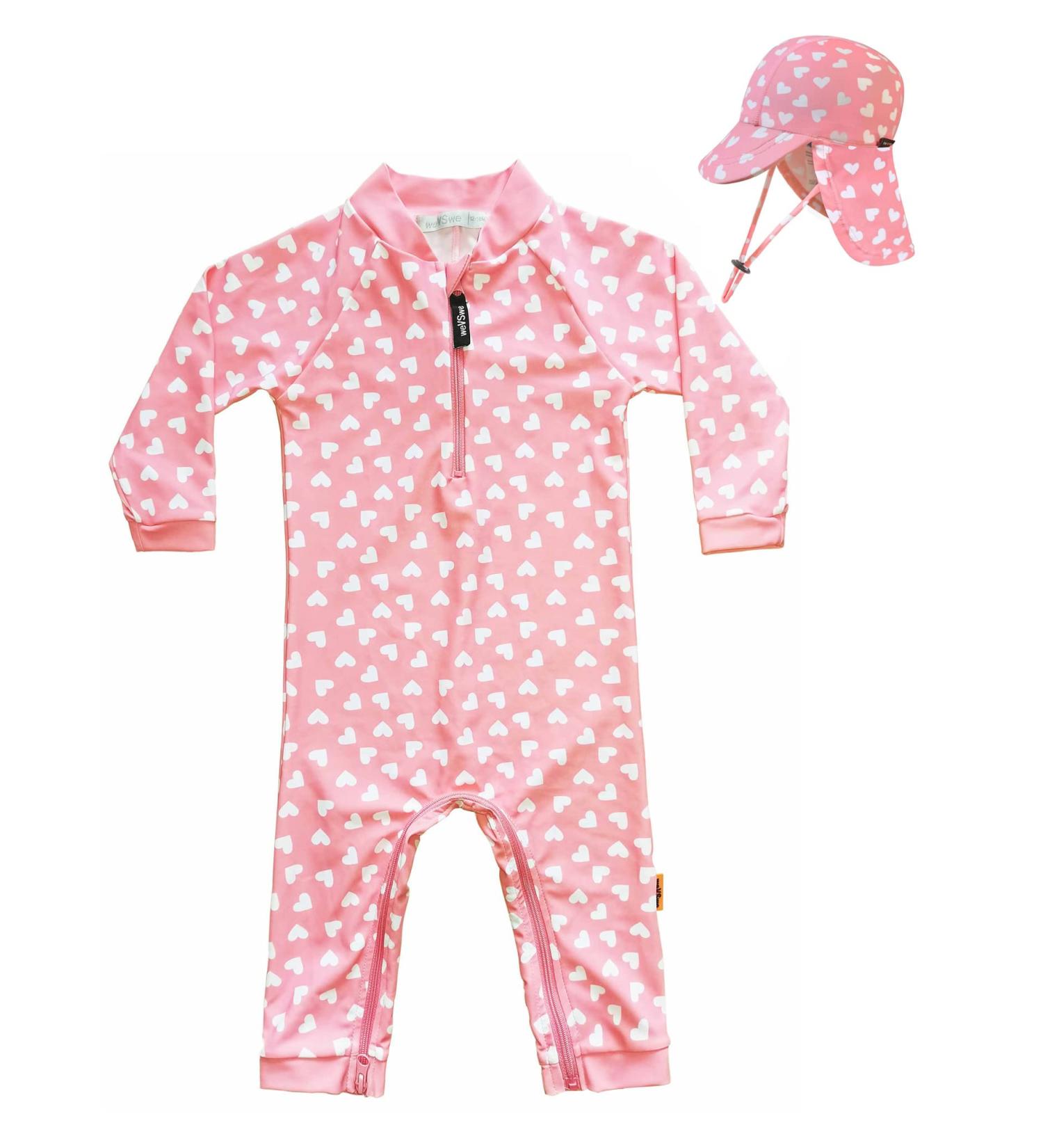 weVSwe Baby Girl UV Protection One-Piece Swimsuit Set with Sun Hat | 0-3 Years | Heart Design - Buy Online on GoSupps.com