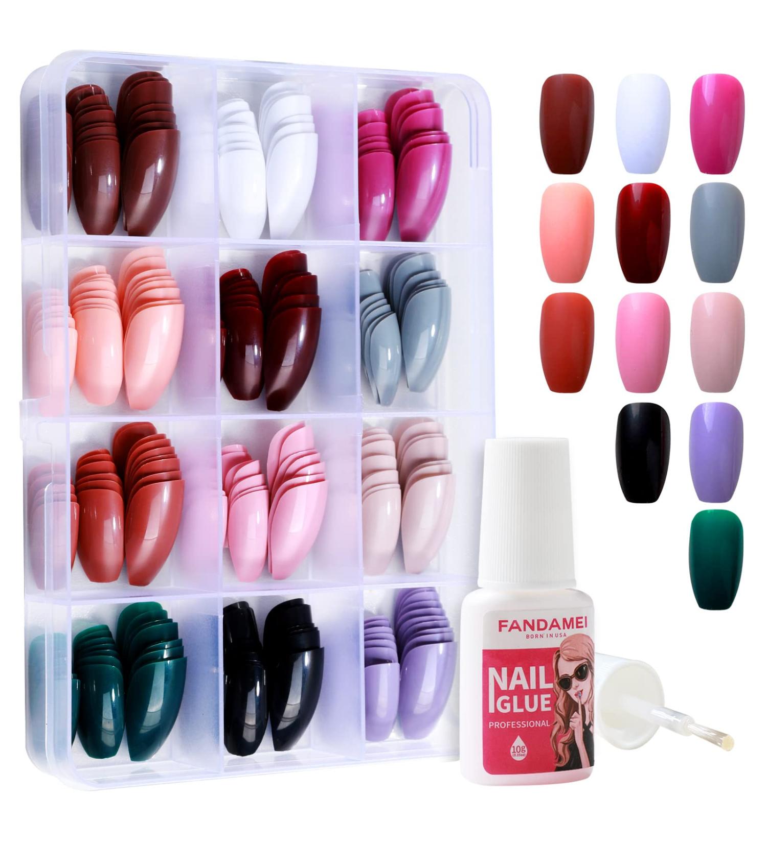 288PCS FANDAMEI Press on Nails: 12 Sets Medium Coffin Style False Ballerina Nails - 12 Solid Colors Glossy Tips for Women & Girls - DIY Nail Art with Nail Glue - Buy Online on GoSupps.com