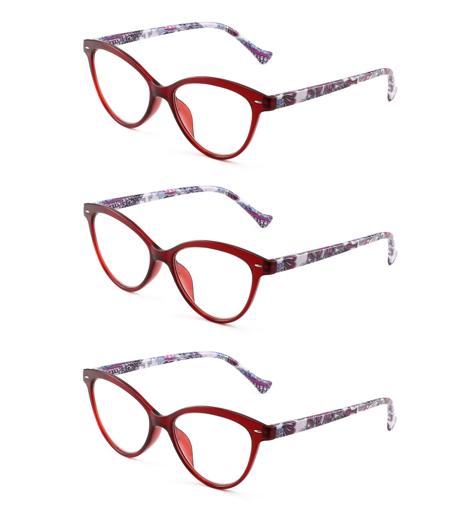 JM 3 Pack Cat Eye Reading Glasses for Women - Stylish Designer Eyeglasses with Spring Hinge +2.0 Strength - Red Color - Buy Online on GoSupps.com