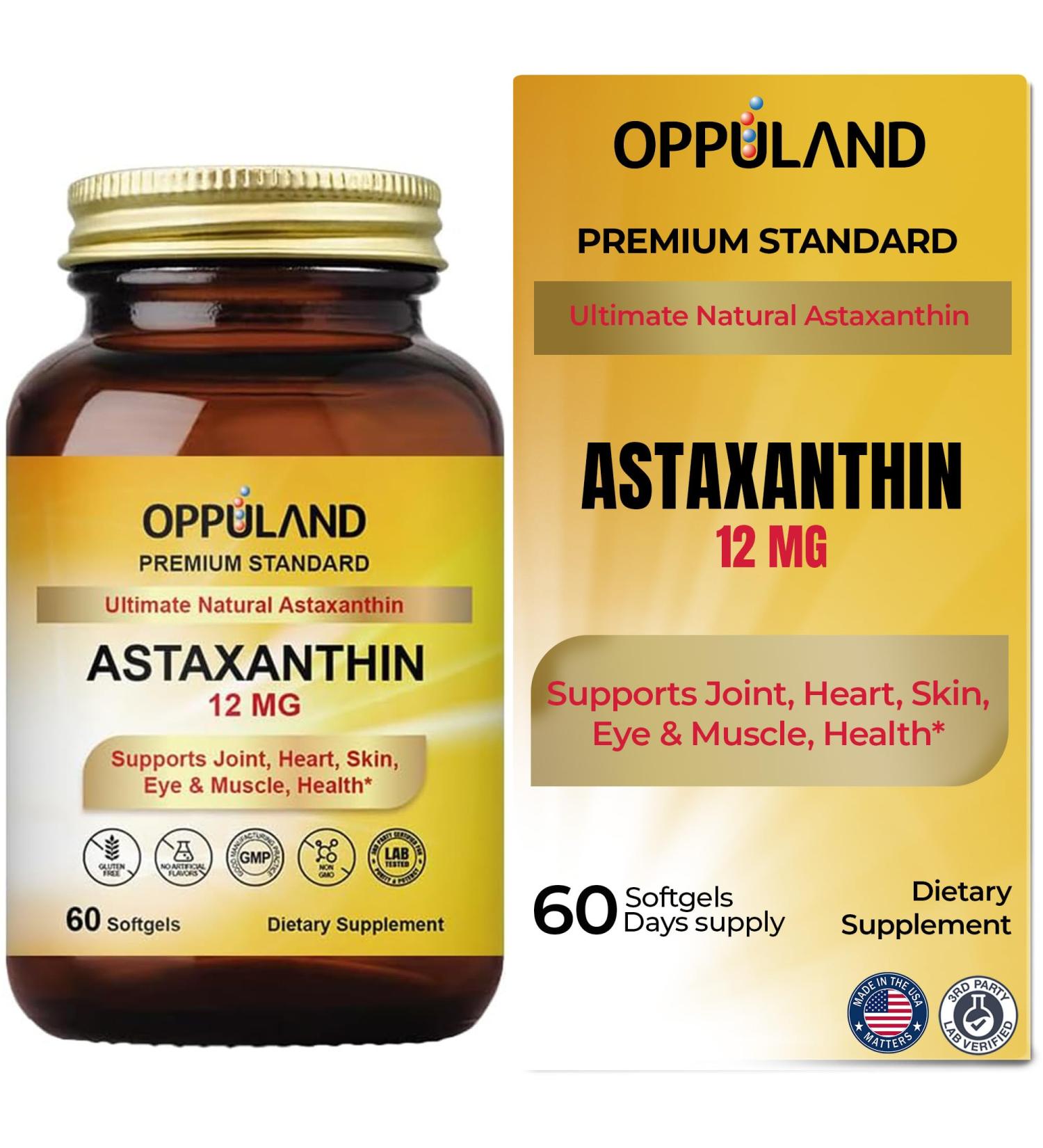oppuland Astaxanthin 12mg | 60 Softgels | Supports Joint Heart Skin and Muscle Health - Buy Online on GoSupps.com