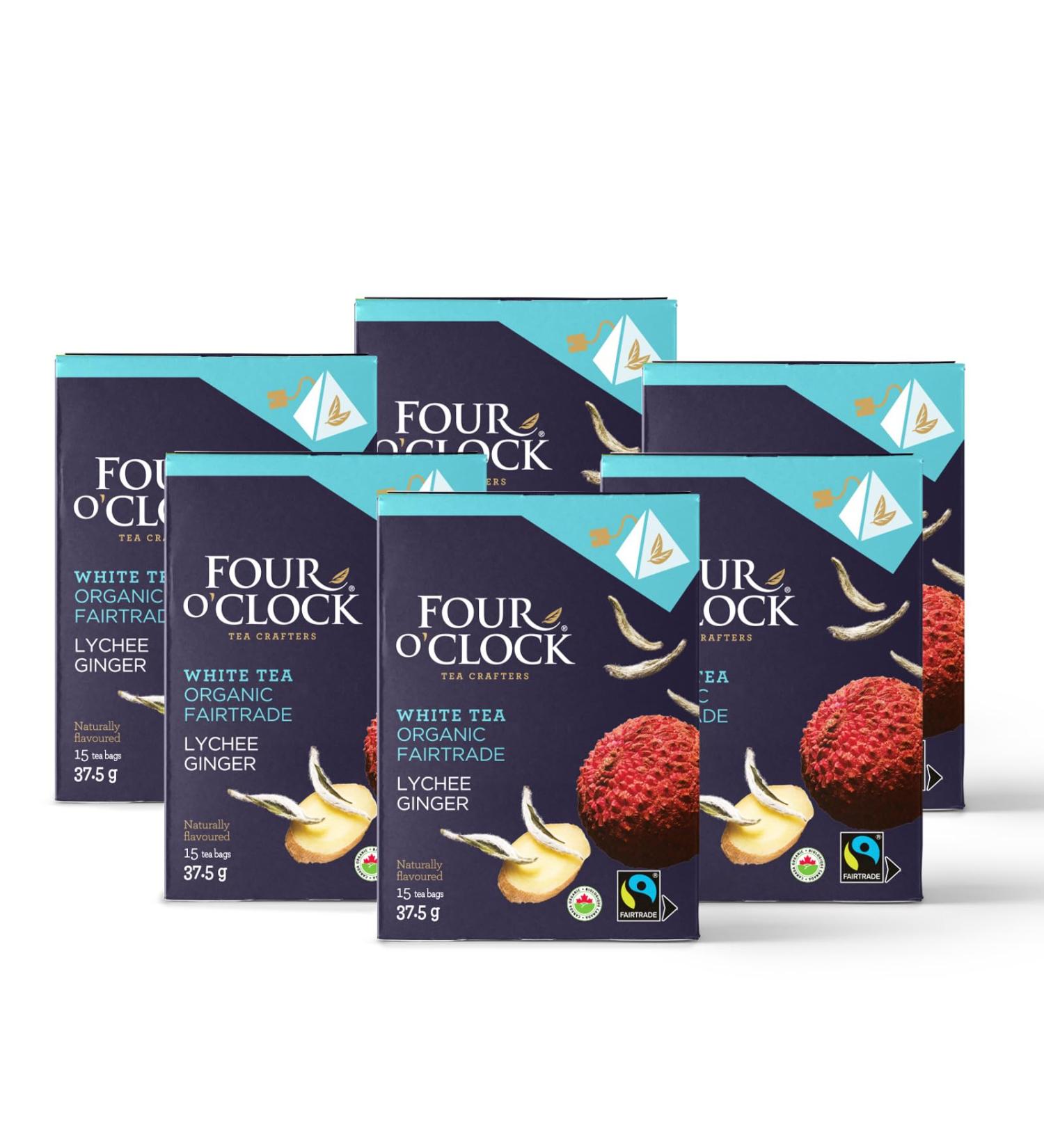 Four O'Clock Ginger Lychee White Tea Organic Fairtrade Non-Gmo Kosher Gluten-Free 6 pack of 15 Pyramid Teabags - Buy Online on GoSupps.com