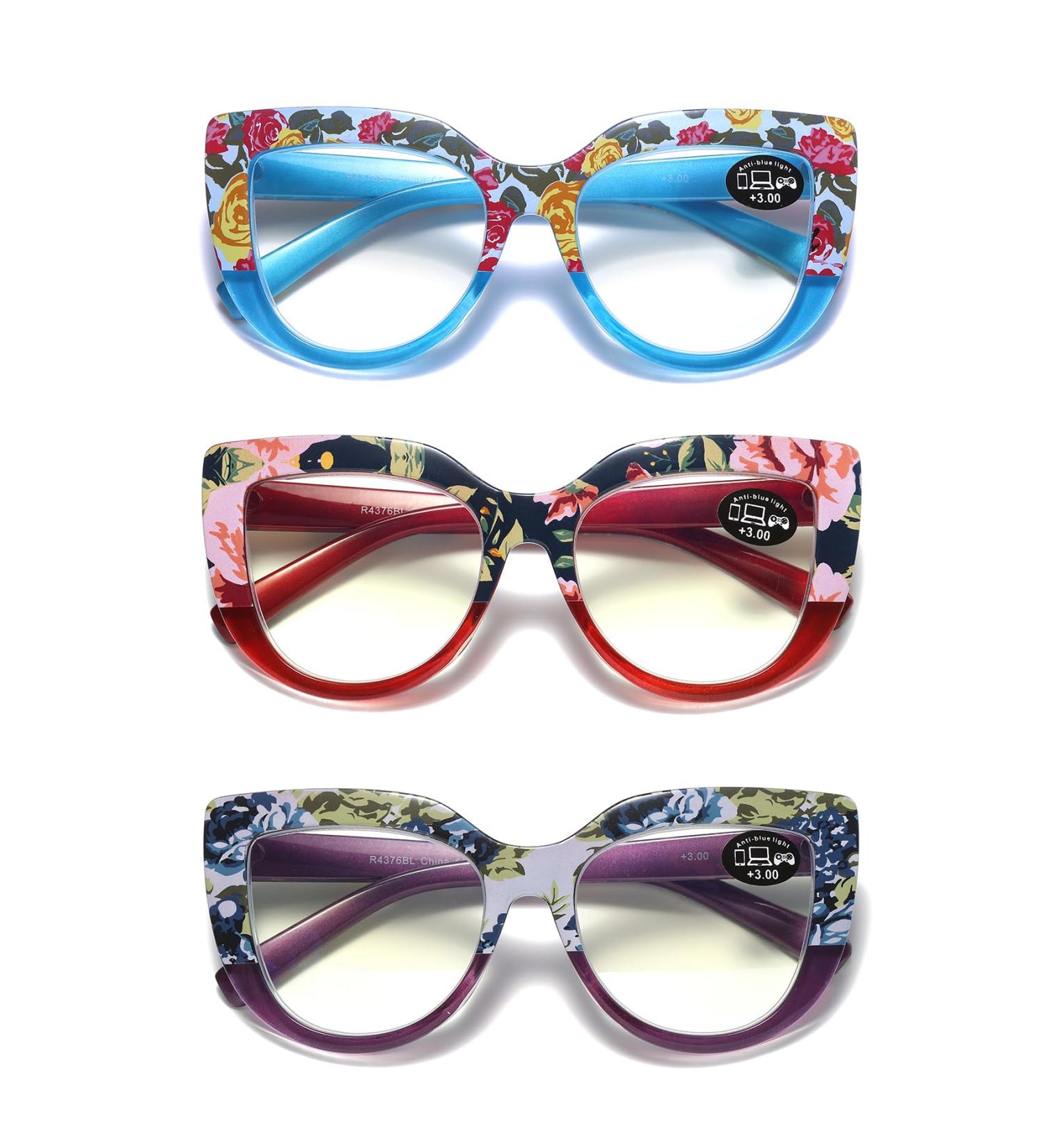 100 Classic Floral Oversized Cat Eye Blue Light Glasses for Women - Anti-Glare Reading Glasses - 3-Pack Spring Hinges - Stylish 3.0x Magnification - Buy Online on GoSupps.com
