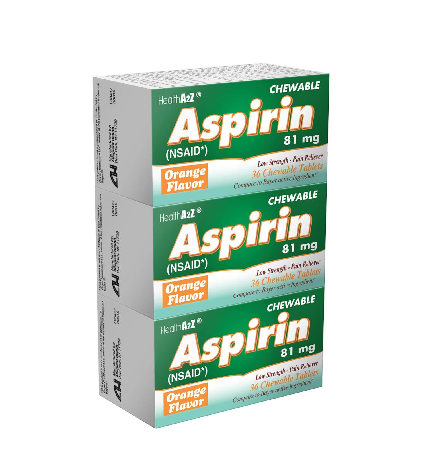HealthA2Z Aspirin 81mg Chewable Tablets - 3 Packs (108 Tablets) | Low Strength Orange Flavor Pain Reliever | Reduce Headaches & Pains - Buy Online on GoSupps.com
