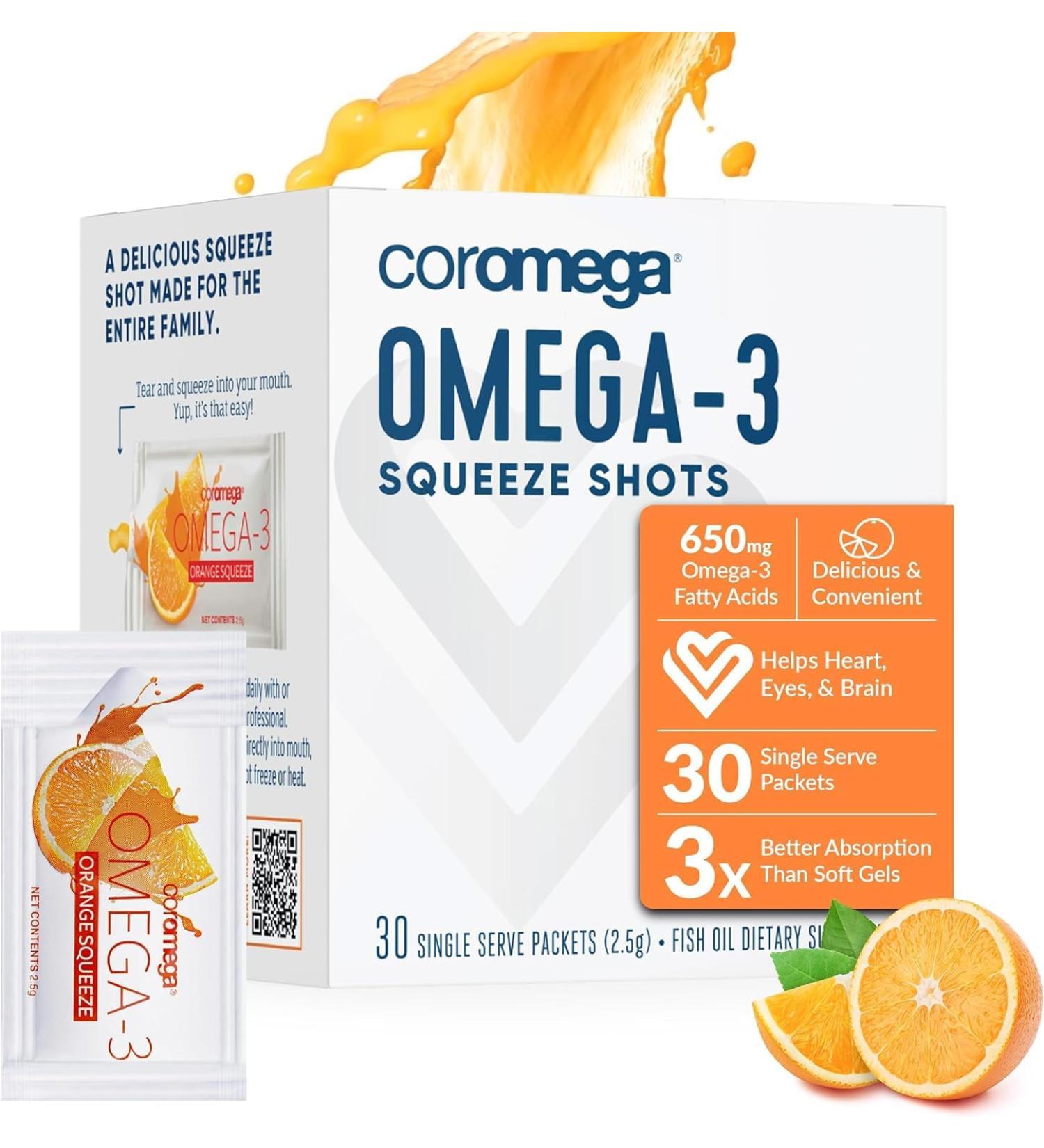 Coromega Omega-3 Orange Squeeze | 30 Packets | 2.5g Each | Healthy Fat Supplement - Buy Online on GoSupps.com