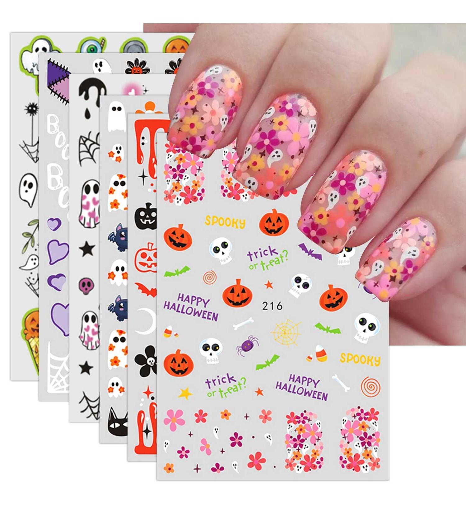 JMEOWIO 9 Sheets Halloween Nail Art Stickers Decals Self-Adhesive Colorful Flower Ghost Pumpkin Nail Supplies Nail Art Design Decoration Accessories - Buy Online on GoSupps.com