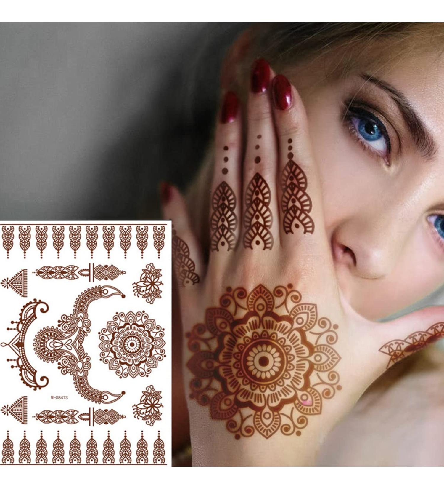 Brown Henna Temporary Tattoo Set - Mandala Flowers Lace Design, Waterproof Fake Tattoos for Wedding Party, Festival Decorations - 6PCS - Buy Online on GoSupps.com