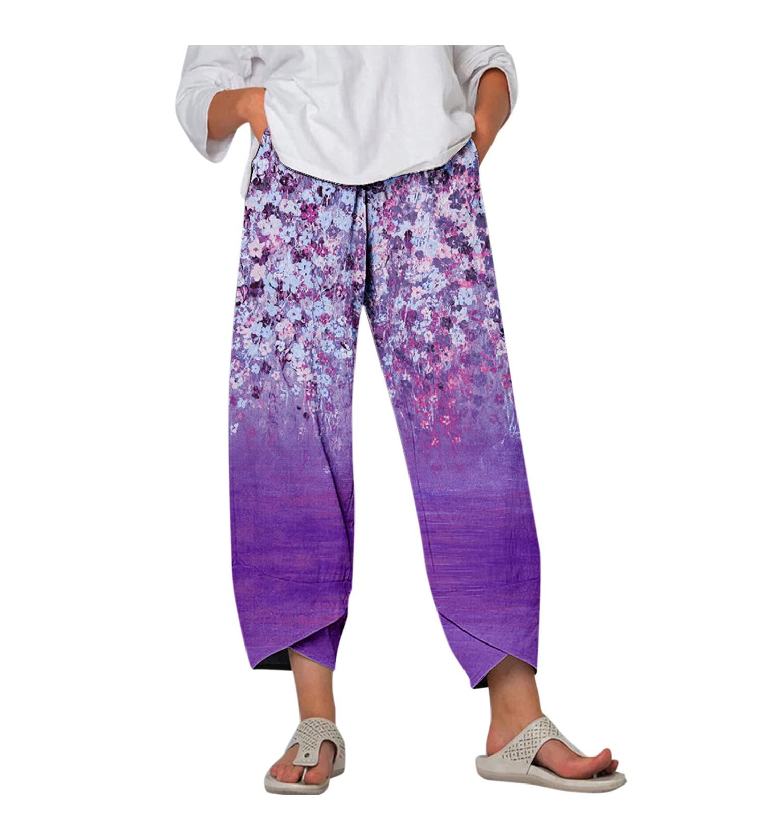 Boho Print Cotton Linen Capri Pants for Women - Purple, X-Large - Buy Online on GoSupps.com
