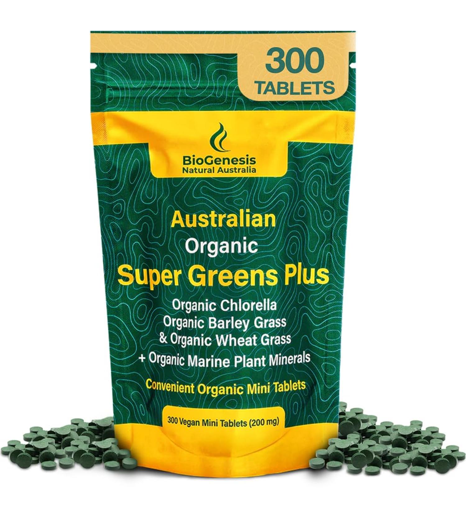 Biogenesis SuperGreens Plus Tablets 300 Count (200 mg) | Unflavored | Organic Chlorella Wheatgrass & Barley Grass | Australian Grown | Supports Energy & Immunity | Vegan Mini Talets SuperGreens Plus - Tablet 2.1 Ounce (3  - Buy Online on GoSupps.com