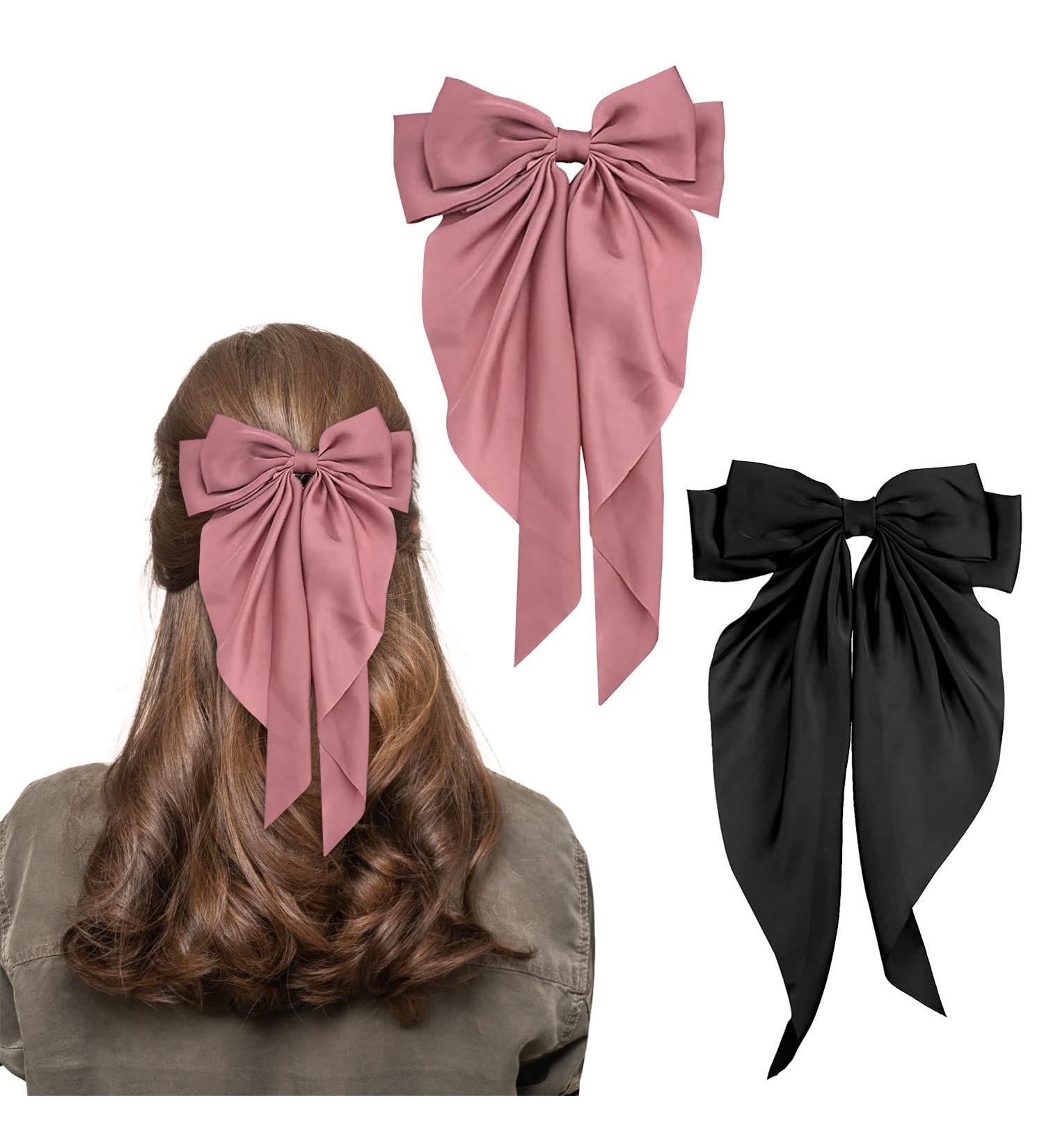 2Pcs Big Bow Hair Clips for Women - Black+Pink French Hair Barrettes with Long Ribbon - Soft Satin Hair Bows for Girls - Buy Online on GoSupps.com