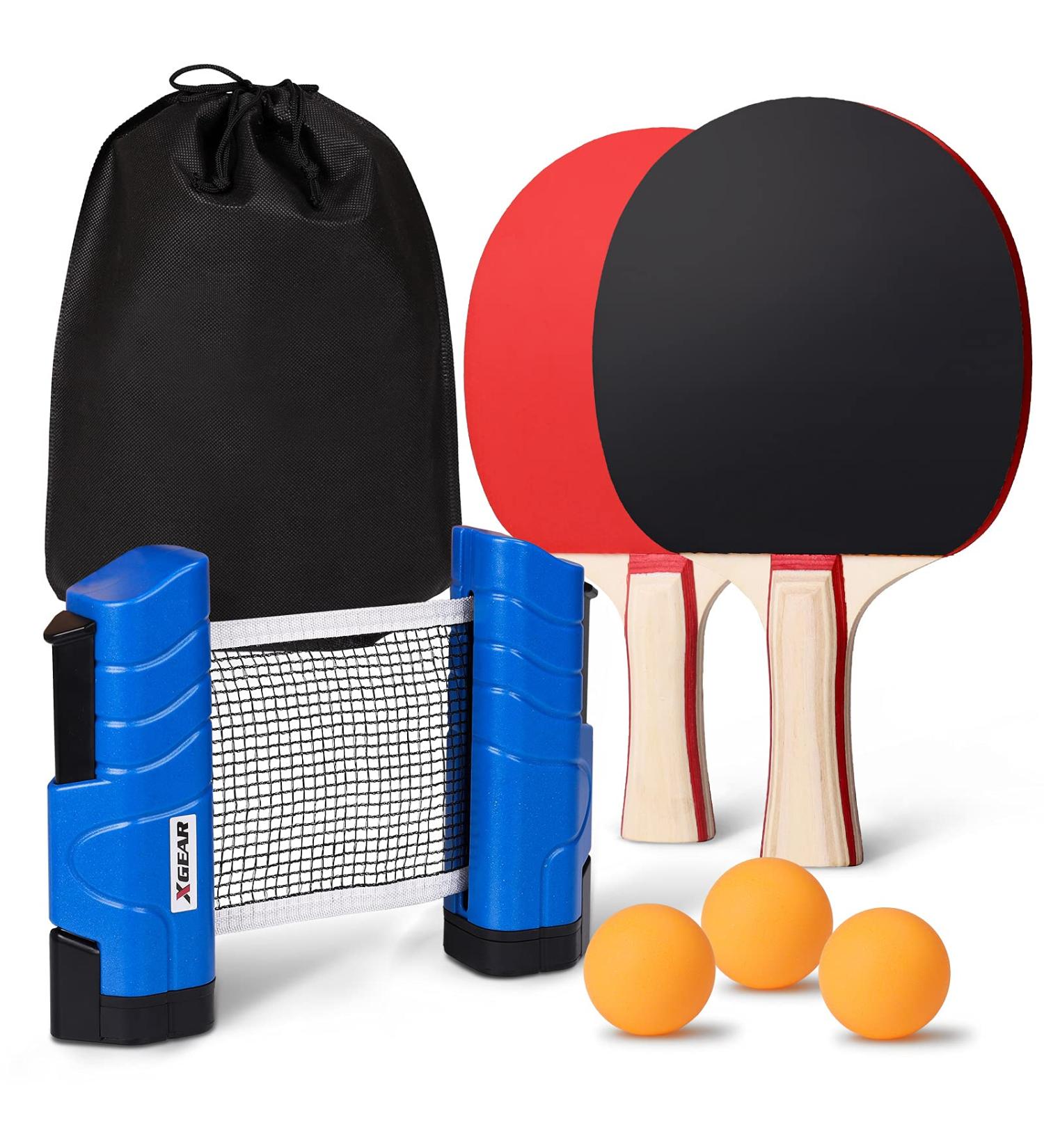 XGEAR Anywhere Ping Pong Set - Retractable Net Post, 2 Paddles, 3 Balls - Attach to Any Table Surface - Lake Blue - Buy Online on GoSupps.com