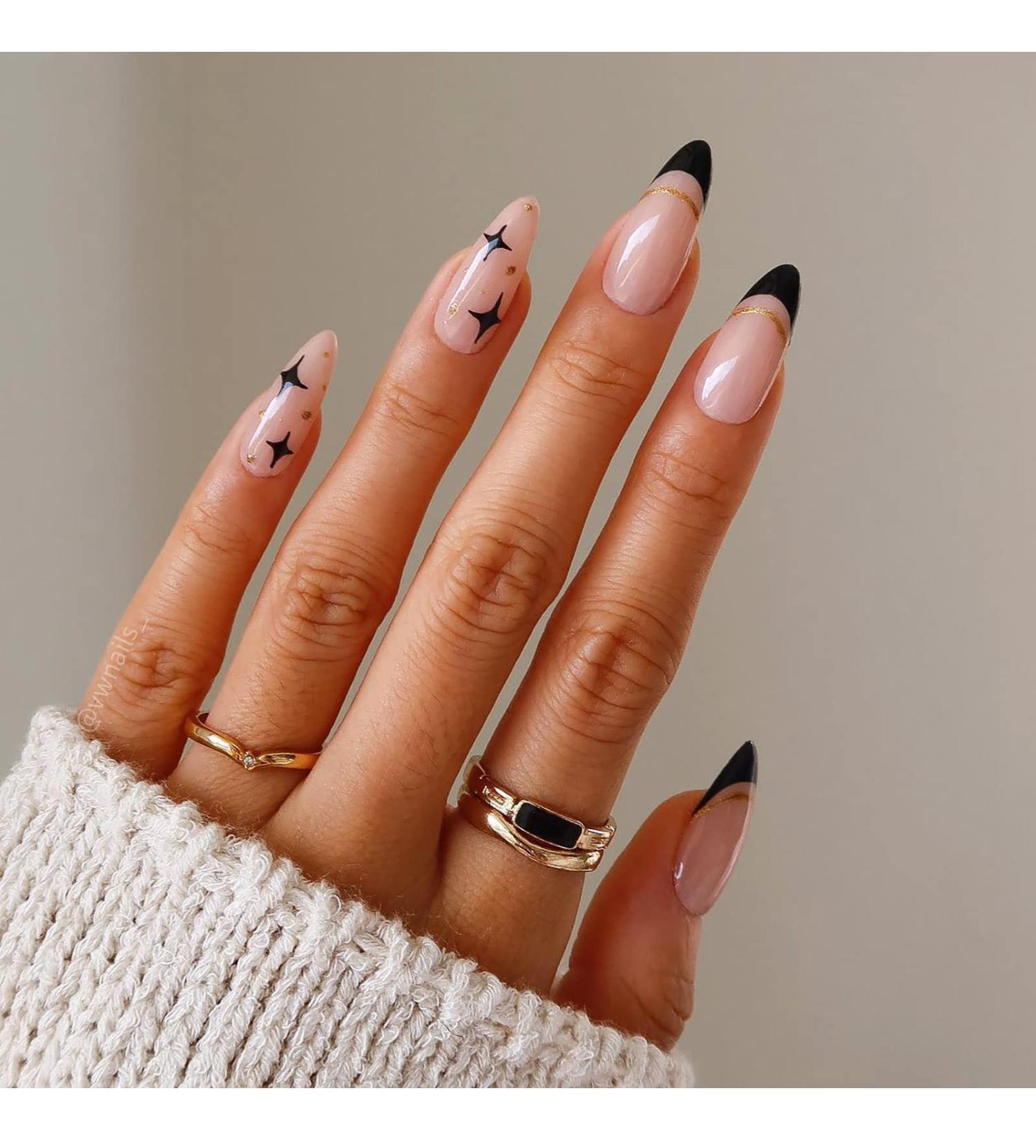 Buy Vaveah 24 Pcs Medium Press on Nails - Acrylic Stiletto Fake Nails with Stars & Glue for Women - Black French Design - Buy Online on GoSupps.com