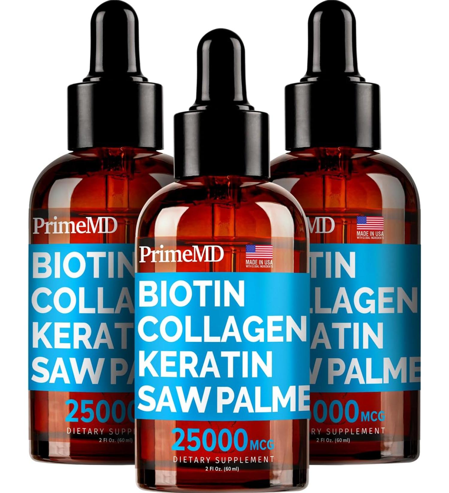 PrimeMD 4-in-1 Liquid Biotin Collagen Keratin Drops (3 Pack) - Hair Skin Nails Vitamins - Watermelon Flavor - 2 Fl Oz Each - Gluten-Free Non-GMO - Buy Online on GoSupps.com
