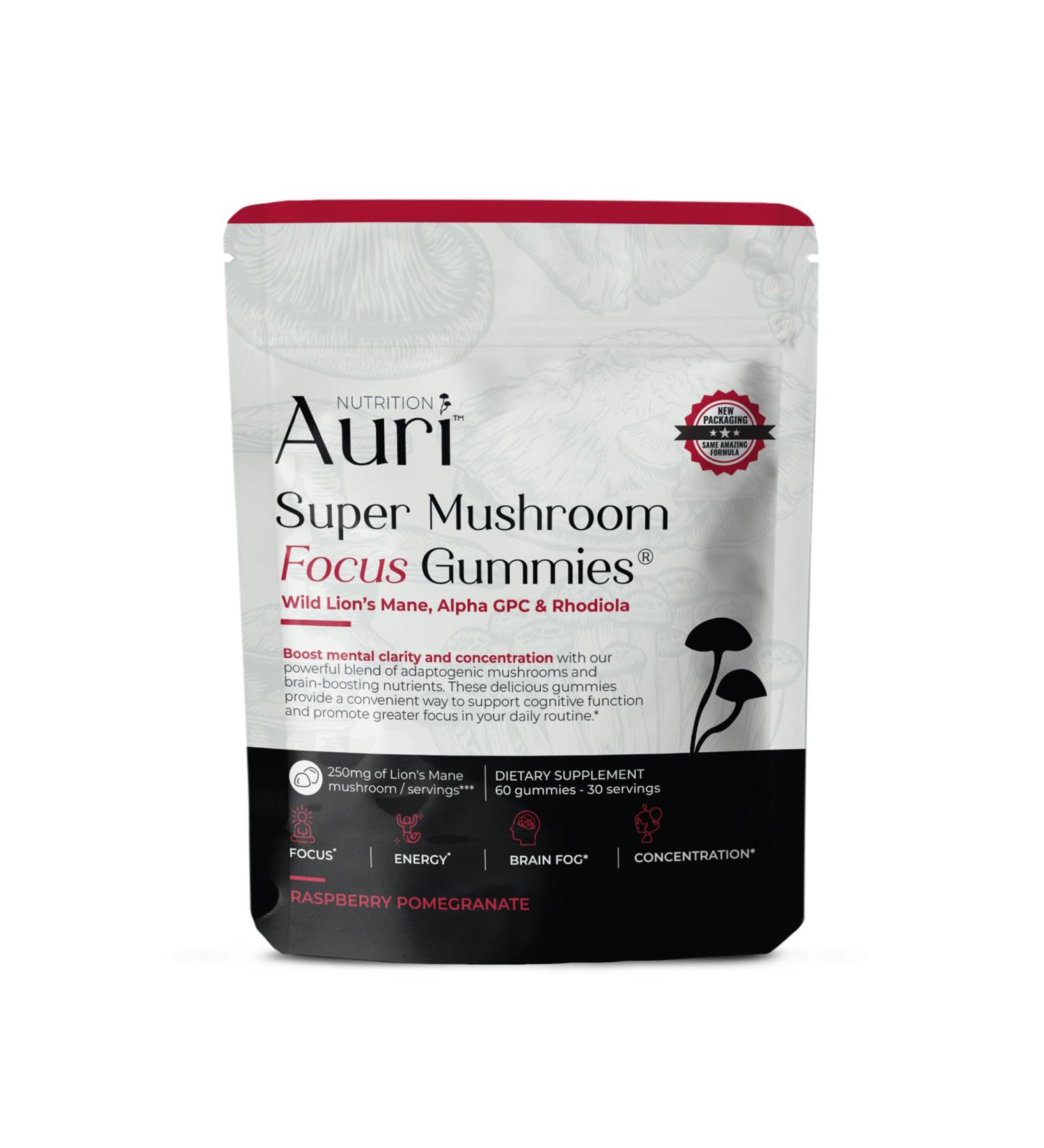 Auri Super Mushroom Focus Gummies - w/Lion's Mane Alpha GPC & Rhodiola - Mushrooom Supplement to Support Cognitive Function Mental Clarity Focus & Energy | 60 Gummies Vegan Friendly Non GMOs - Buy Online on GoSupps.com