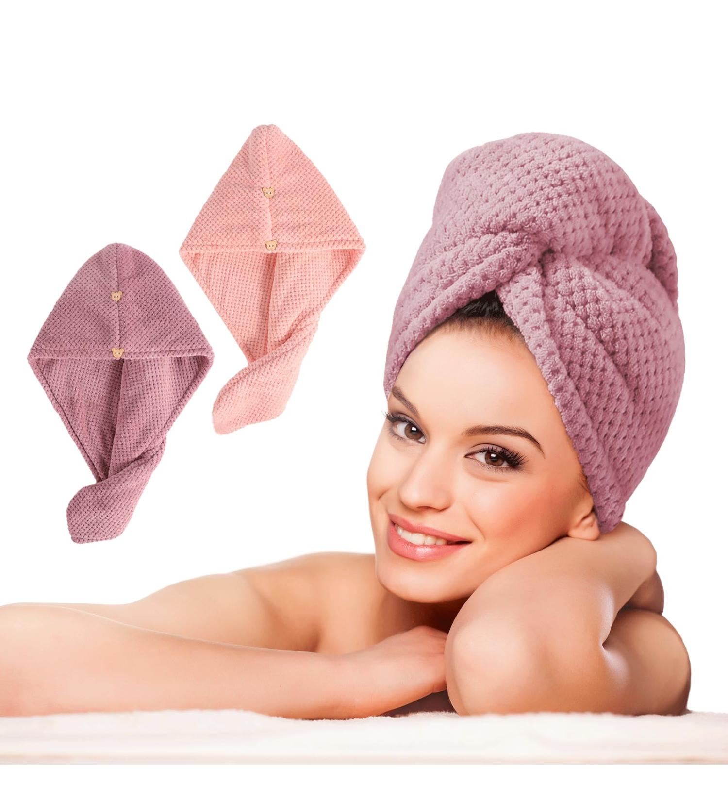 LTBL Microfiber Hair Cloth Wrap - Large Double-Layer Fast Drying Towel for Women - Thickened Hair Drying Towels with Button in Rose & Light Pink - Buy Online on GoSupps.com