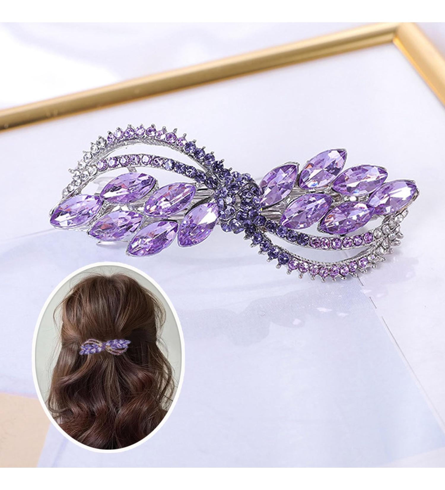 Rhinestone Crystal Hair Clips for Women Girl Purple Hair Barrettes Snap-On Hair Pins Leafy Elegant French Clasp Automatic Clamp Hair Accessories for Fine Medium Thick Hair - Buy Online on GoSupps.com