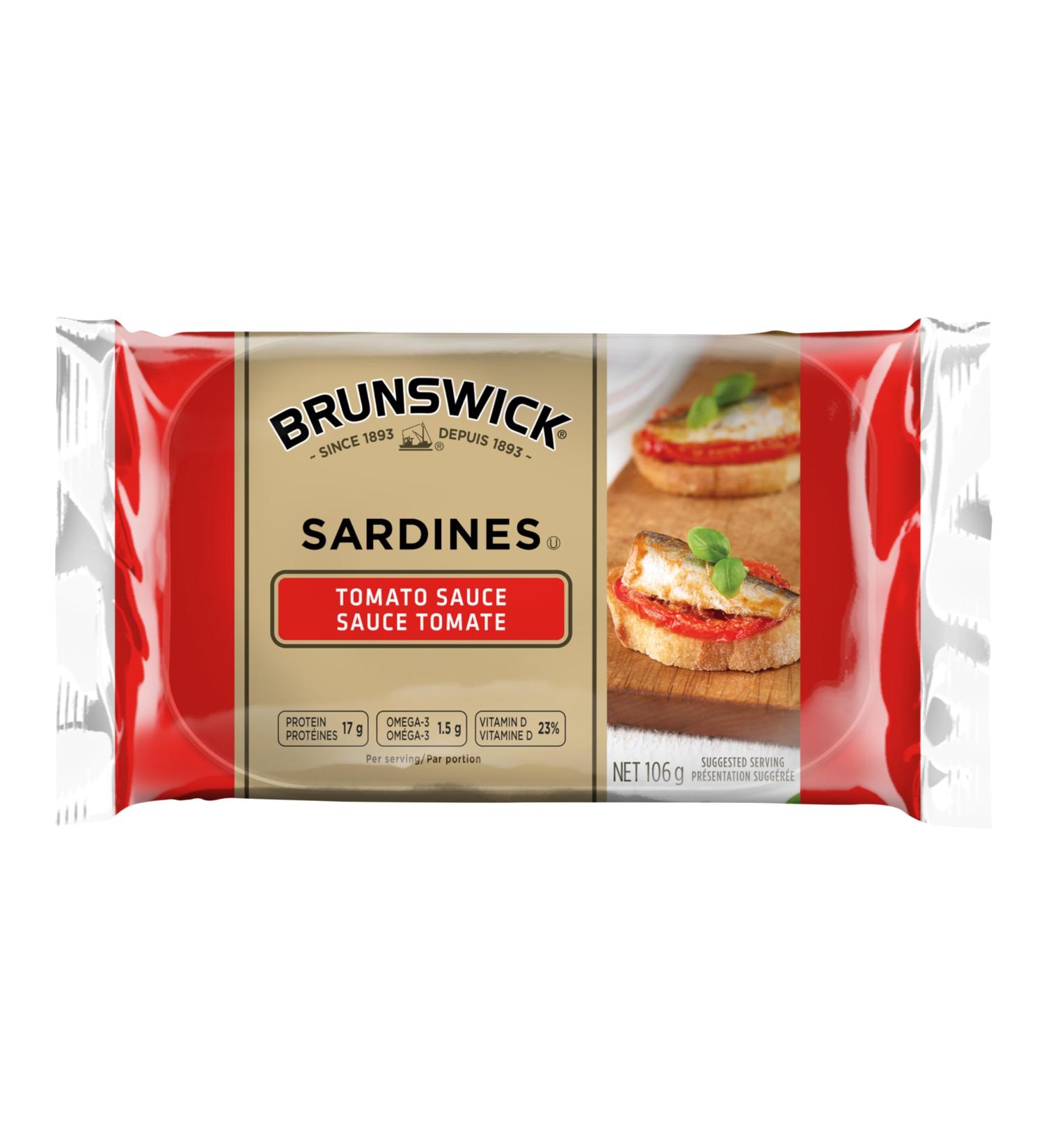 Brunswick Sardines in Tomato Sauce - 106g 18 Count - Canned Sardines Excellent Source of Protein - 17g of Protein Per 106g Serving - Contains Omega-3 & Iron High in Vitamin D & Calcium - Buy Online on GoSupps.com