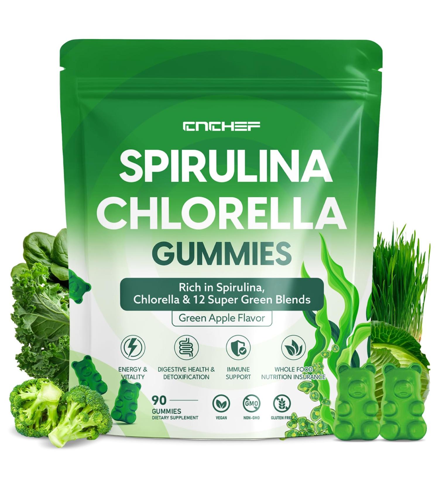 Organic Spirulina & Chlorella Gummies with 12 Super Greens Blend Chlorophyll Sea Moss Parsley Leaf Peppermint Leaf and Green Tea for Daily Energy Detox & Immunity 90-Count Green Apple Flavor - Buy Online on GoSupps.com
