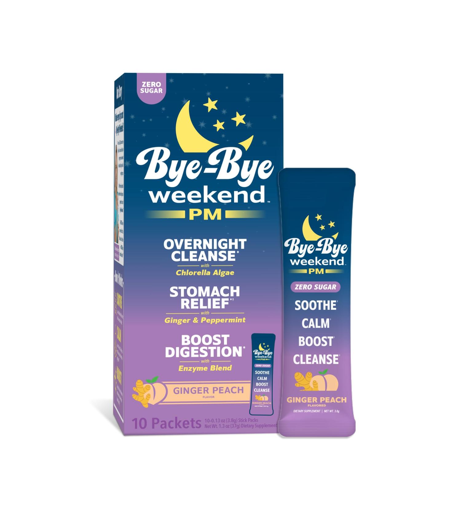 Bye-Bye Weekend PM - Overnight Recovery Drink Stomach Relief Digestion Boost Full-Body Cleanse - with Ginger Peppermint Enzymes & Chlorella - Ginger Peach Drink Packets - Buy Online on GoSupps.com