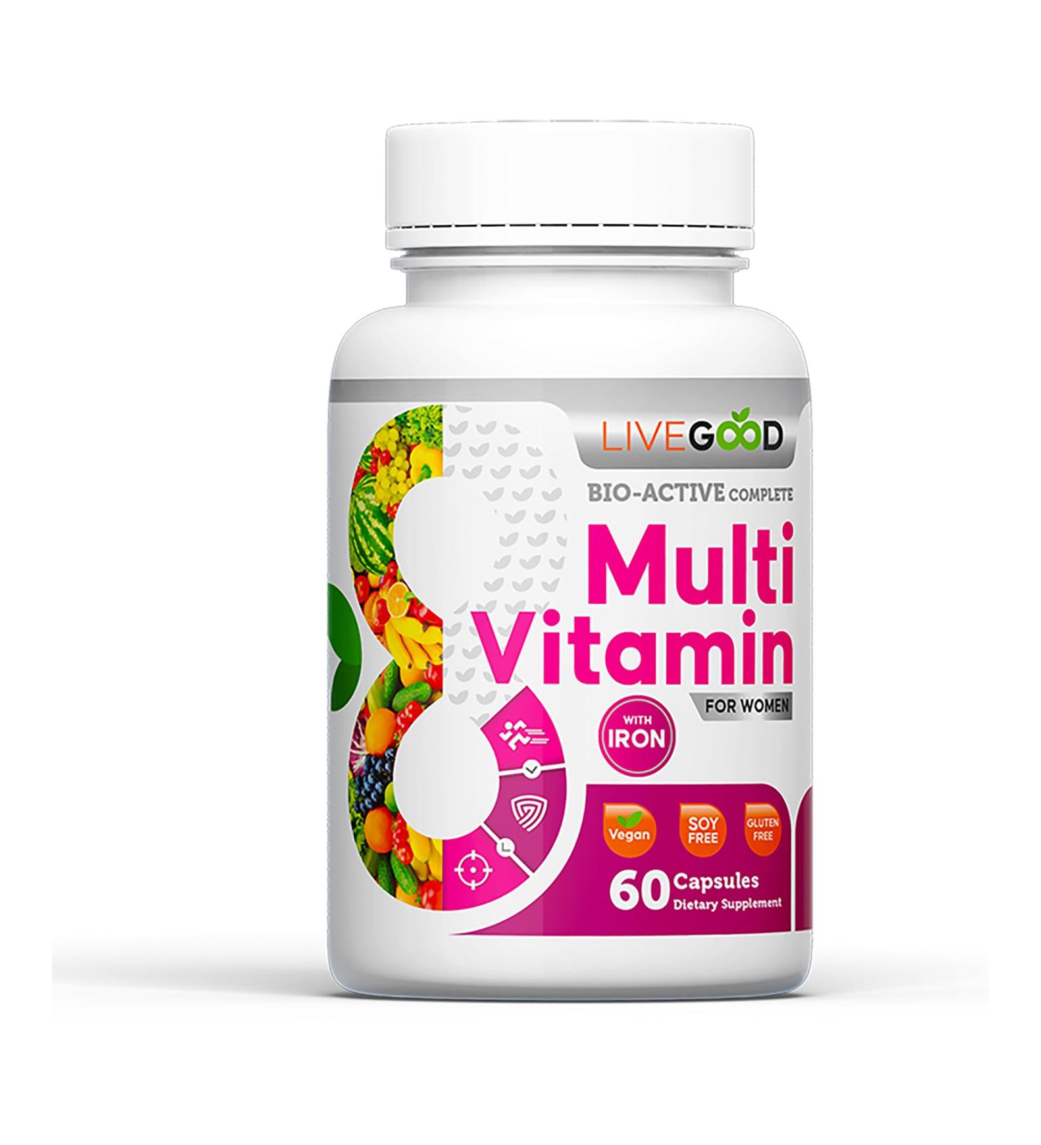 LIVEGOOD Bio-Active Complete Multivitamin for Women with Iron Daily Women s Multi with 24 Essential Vitamins and Minerals for Energy Immunity and Bone Support Complete Formula (60 Capsules) - Buy Online on GoSupps.com