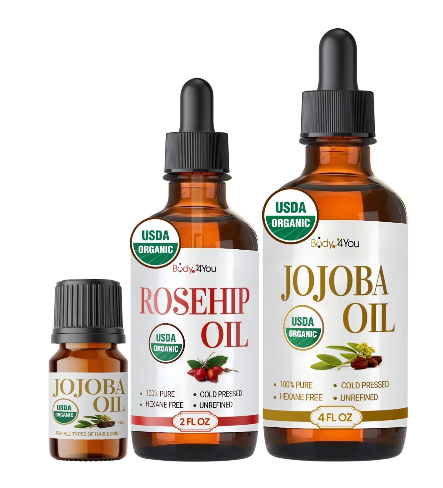 BodyJ4You Rosehip Oil Jojoba Oil Bundle - USDA Certified Organic Pure Oils Value Set - Face Skin Hair Beard Nail Care - Cold Pressed Non-GMO Hexane Free Carrier Oils - Rosehip 2 Fl Oz - Jojoba 4 Fl Oz - Buy Online on GoSupps.com