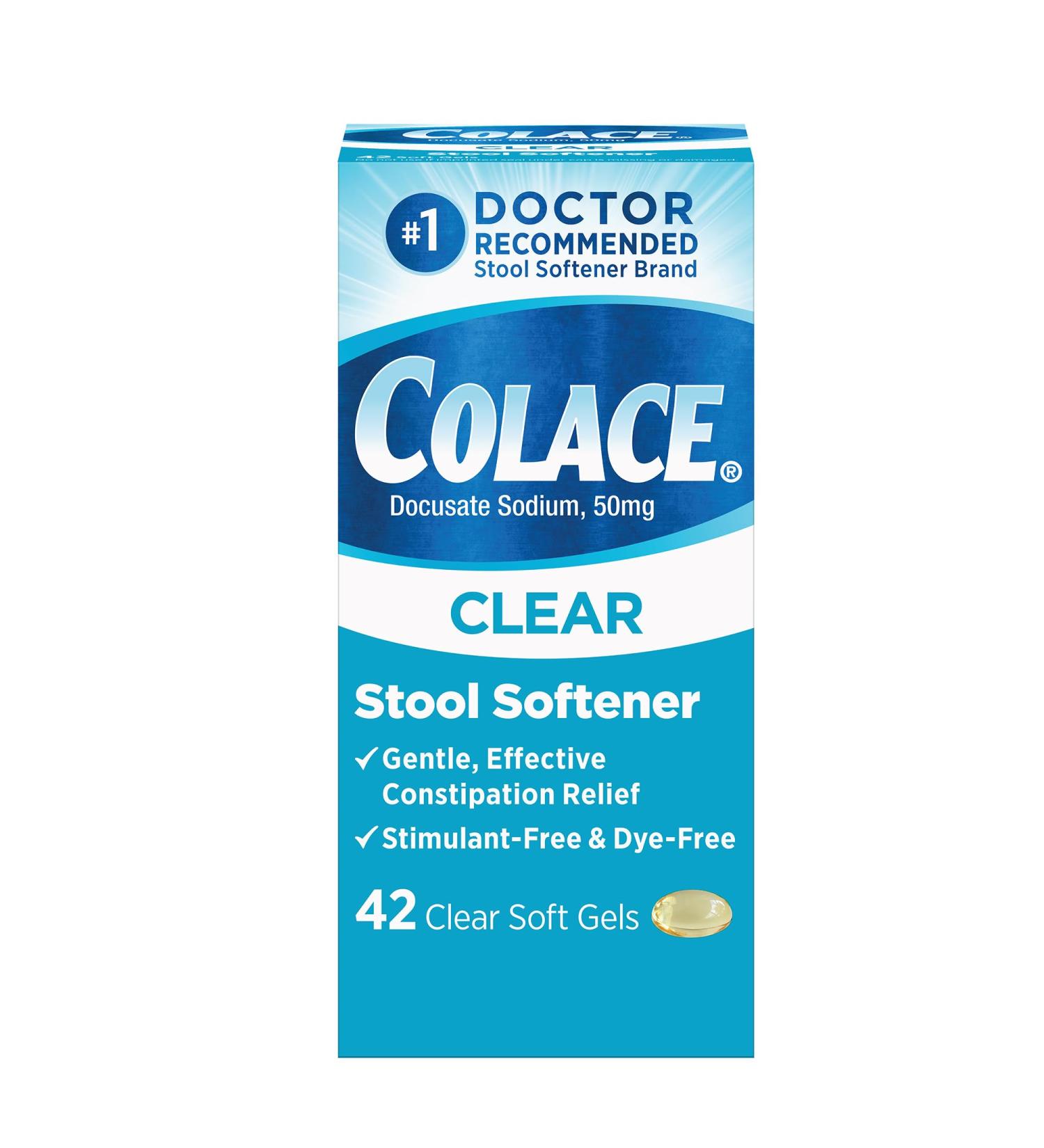 Colace Clear Stool Softener 50mg - Doctor Recommended Docusate Sodium 42 Soft Gel Capsules for Constipation Relief - Fast International Shipping - Buy Online on GoSupps.com