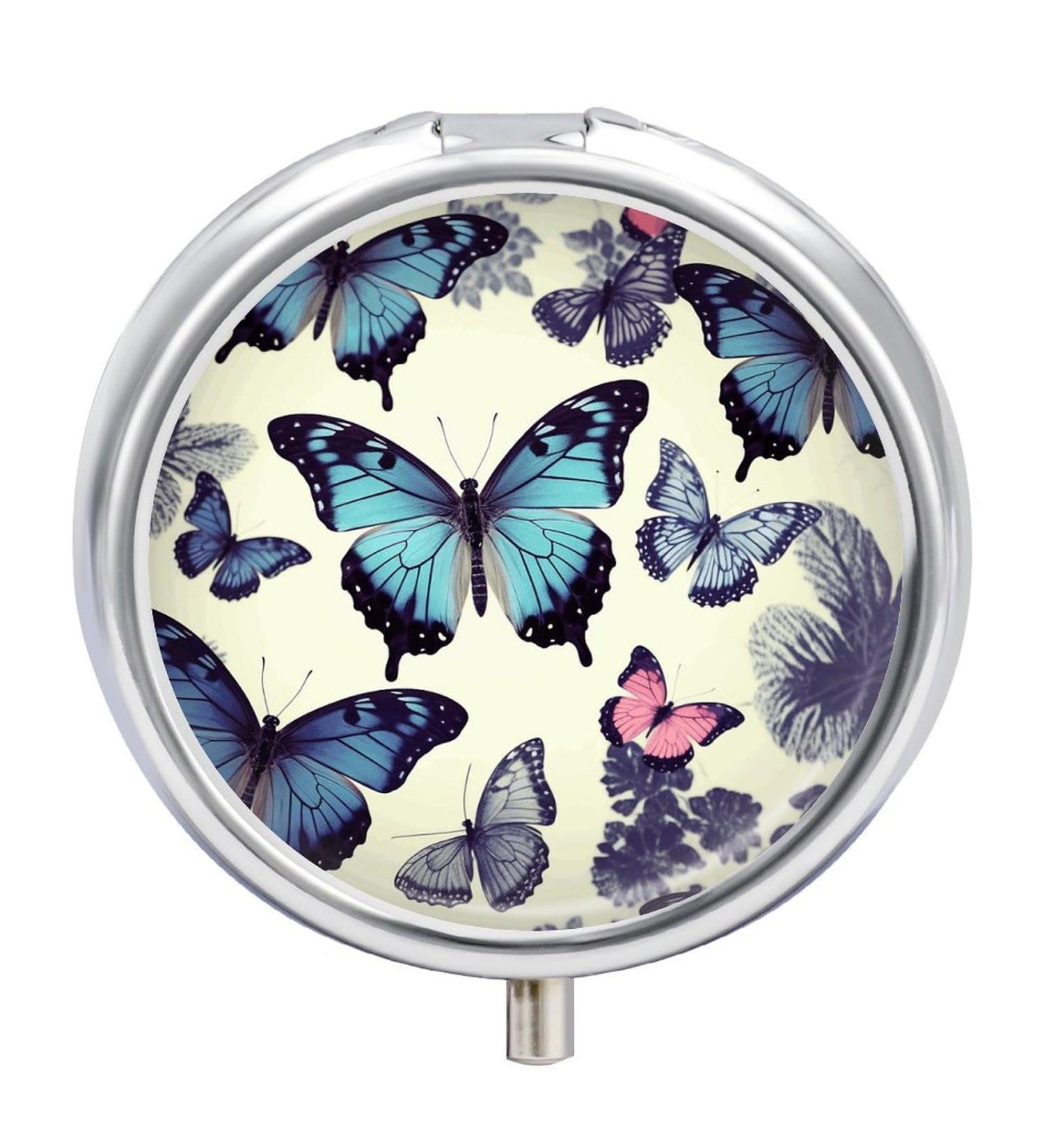 Beautiful Butterfly Round Pill Box | 3 Compartment Metal Organizer | Portable Decorative Pill Case - Buy Online on GoSupps.com
