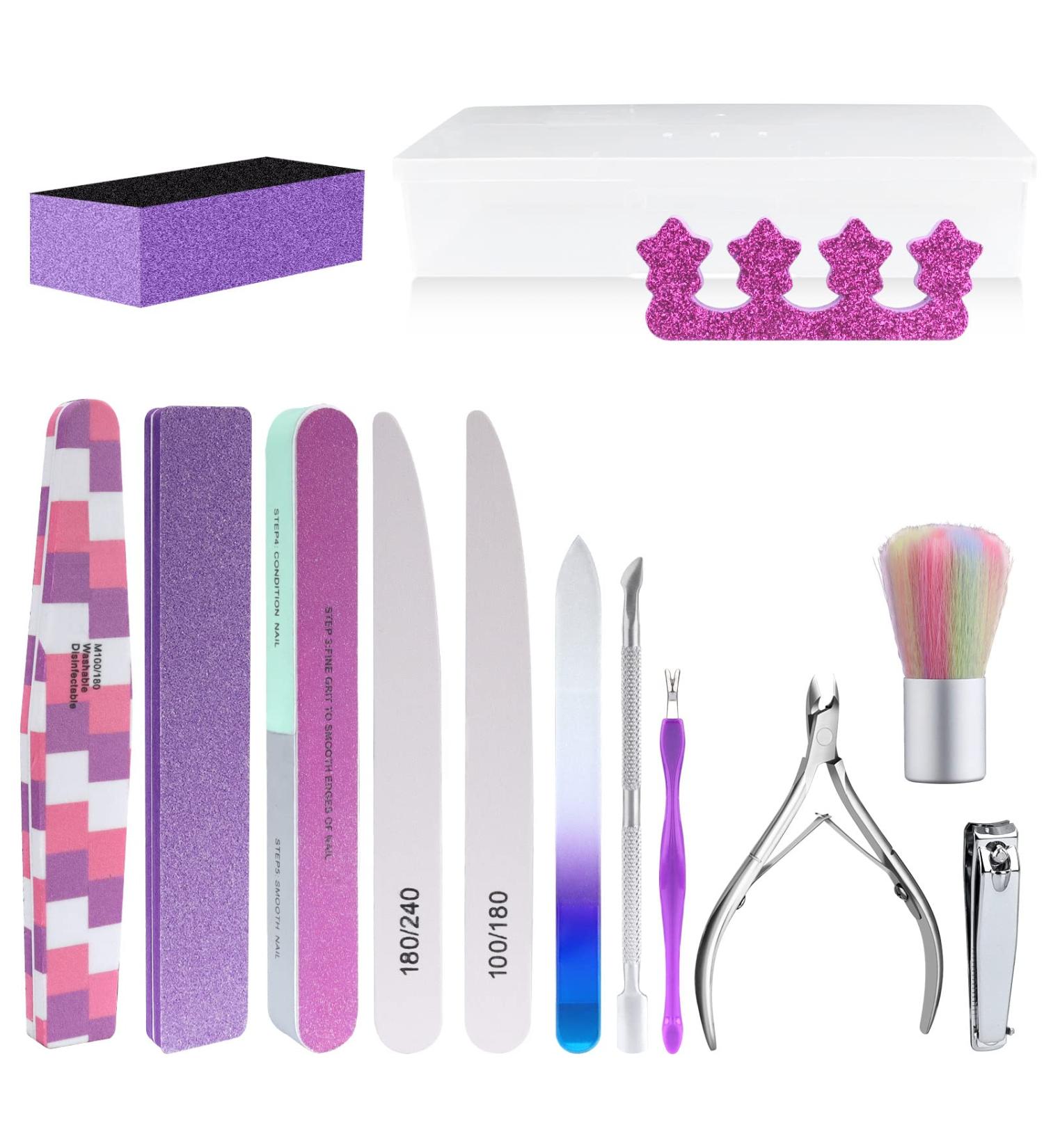 13 in 1 Professional Manicure Nail File Set - Double Sided 100/180 Grit, Cuticle Nippers, Pusher, Peeler, Cleaning Brush - Mery Board, Buffers - Purple - Buy Online on GoSupps.com