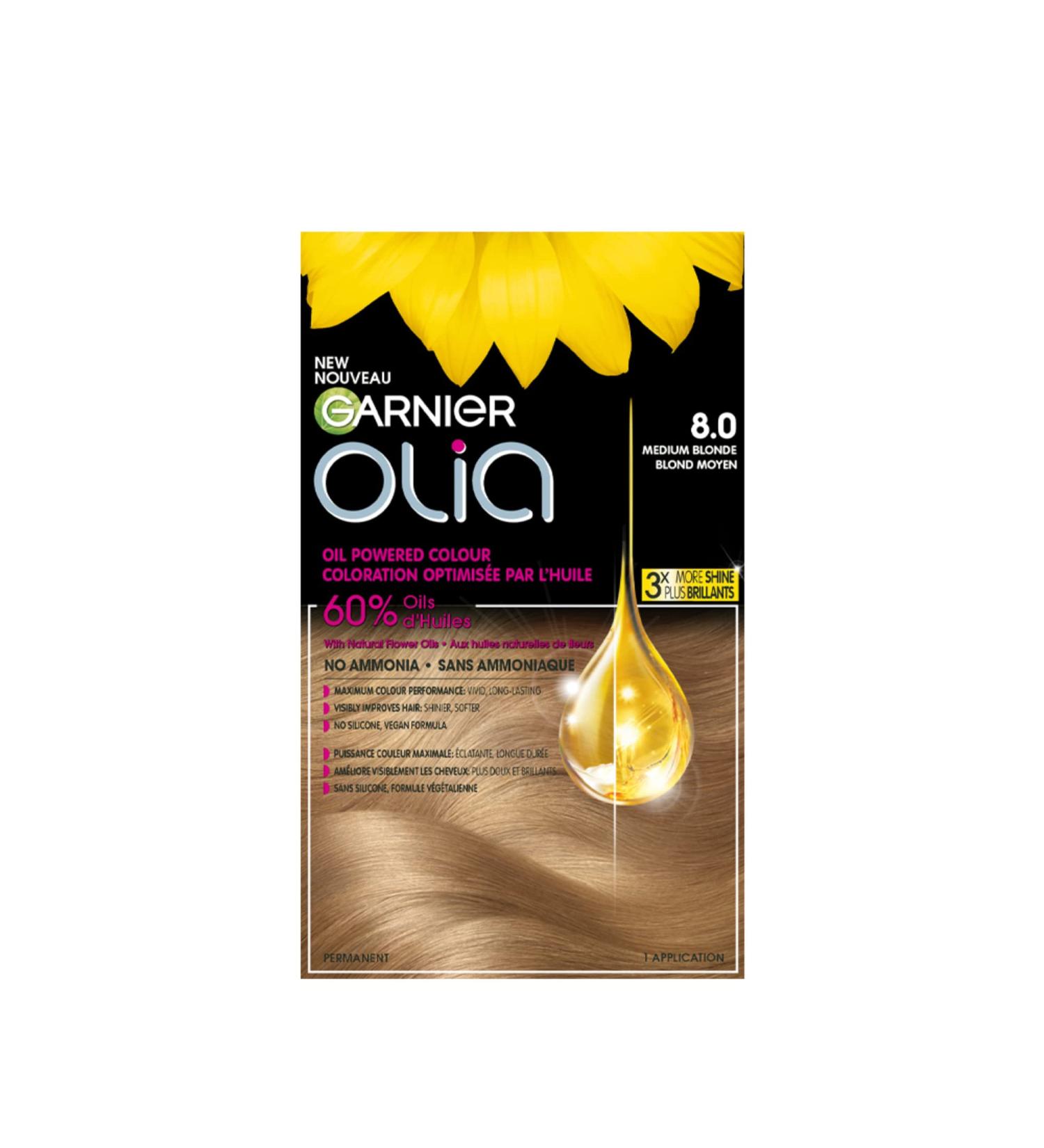 Garnier Olia Permanent Hair Dye Ammonia-Free Hair Color 8.0 Medium Blonde Long-Lasting Hair Shine With 60% Oils 1 Application LIGHT / BLONDE SHADES 8.0 Medium Blonde - Buy Online on GoSupps.com