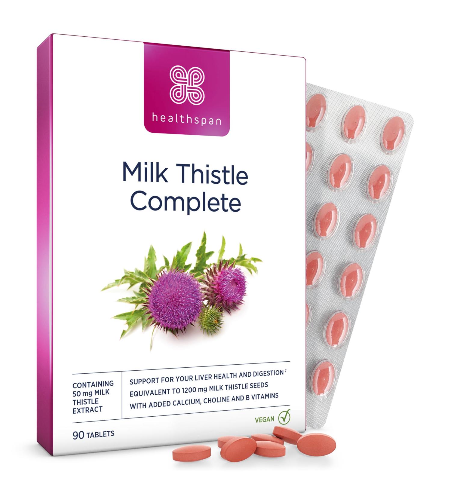 Healthspan Milk Thistle Complete (90 Tablets) | 50mg Milk Thistle Extract | with B Vitamins Calcium & Choline to Support Your Digestive Health & Liver Function | Vegan Friendly - Buy Online on GoSupps.com