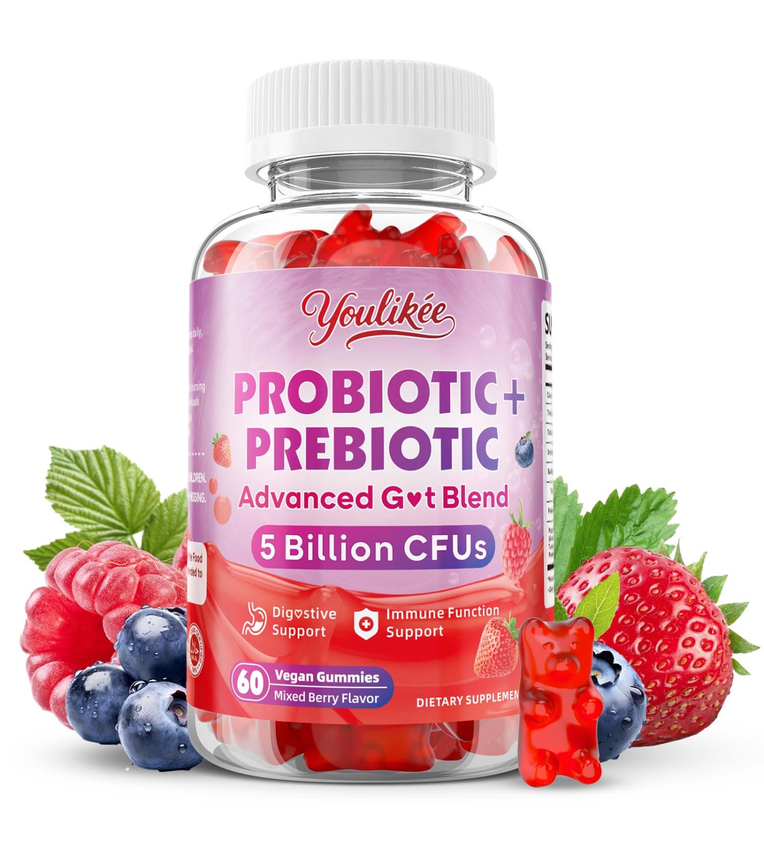 Youlikee Prebiotic + Probiotic Gummies for Women and Men Probiotic Gummies for Gut Health Support 5 Billion CFUs with Fibers Vegan Sugar-Free 60 Count - Buy Online on GoSupps.com