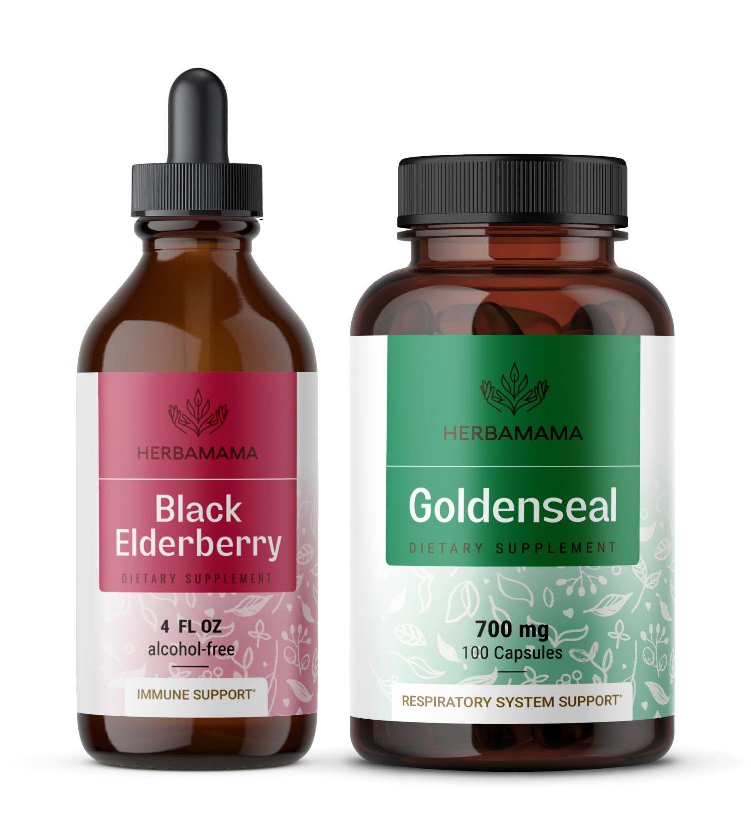 HERBAMAMA Black Elderberry and Goldenseal Kit - Bundle of Elderberry Extract Tincture & 700mg Goldenseal Root Capsules - Vegan Non-GMO Sugar & Gelatin-Free - 2 Pack - Buy Online on GoSupps.com