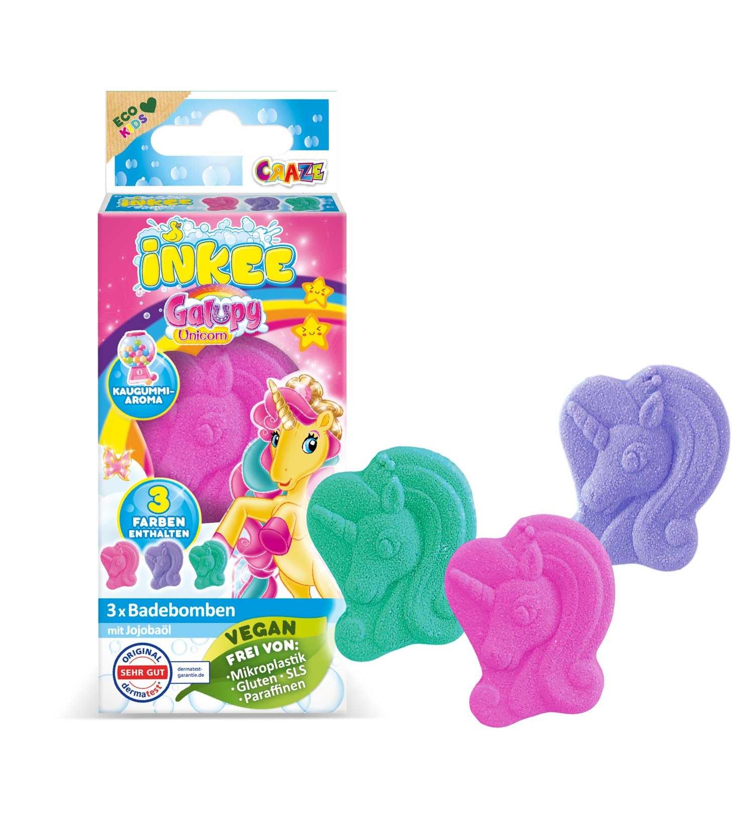 Inke Bombs Kinder Galupy Mini Pack - 3 Bath Balls | Fun Colors & Chewing Gum Aroma | Jojoba Oil | 3x15g Unicorn Swimming Bombs - Buy Online on GoSupps.com