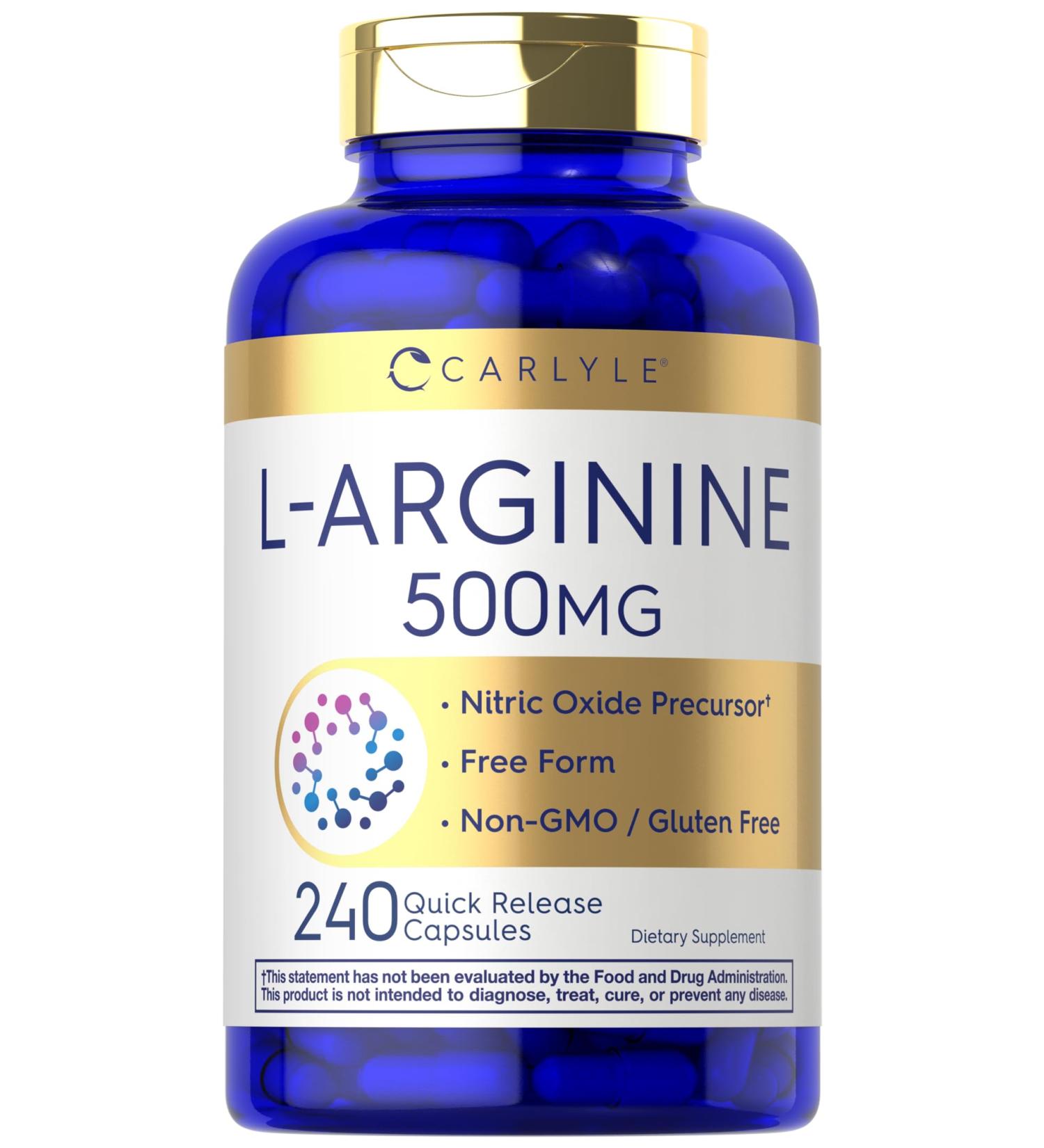 Carlyle L-Arginine 500 mg Capsules | 240 Count | Nitric Oxid Precursor | Free Form Amino Acid | Non-GMO & Gluten Free Supplement - Buy Online on GoSupps.com