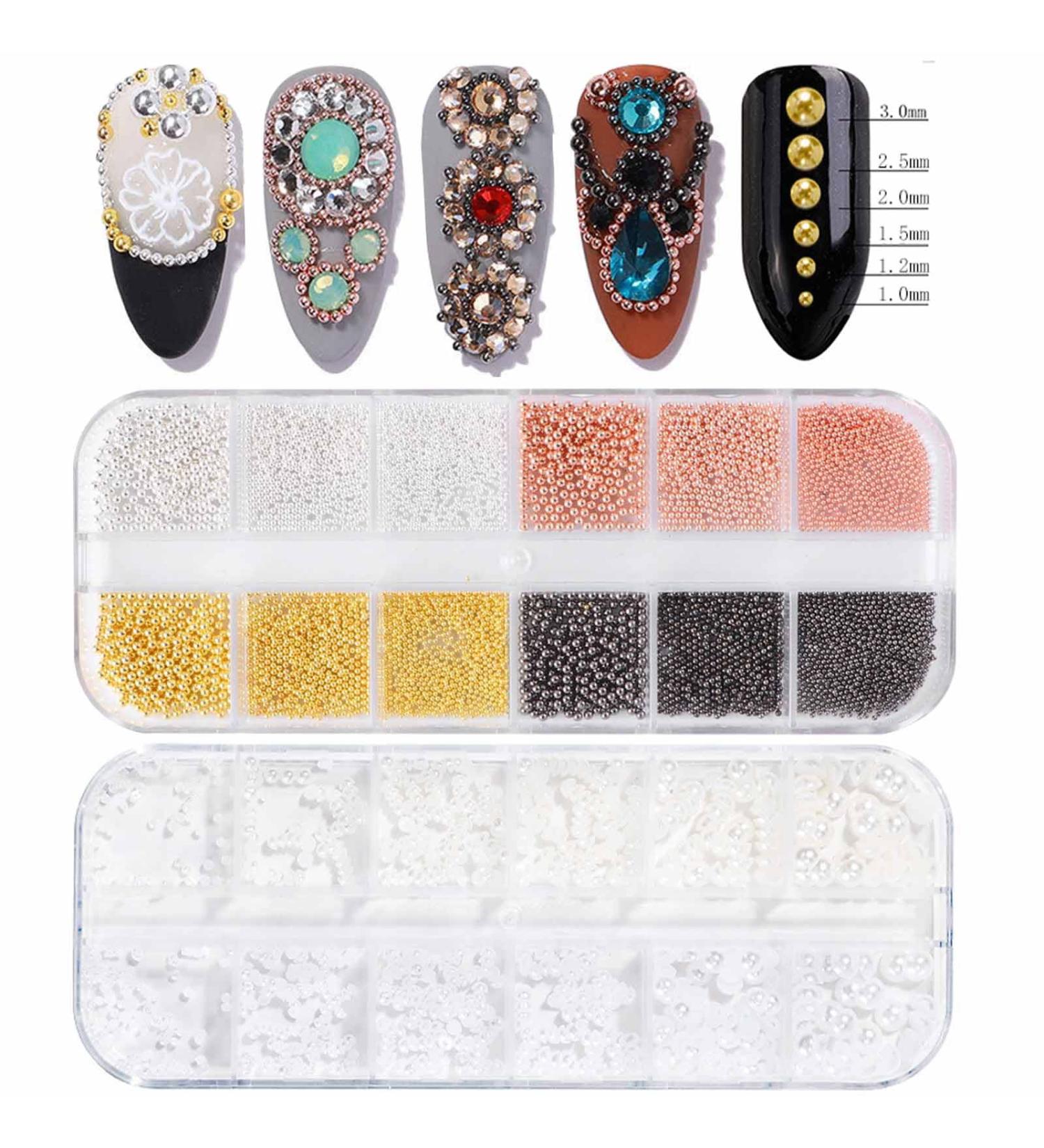 2 Boxes Nail Art Beads & Pearls Set - Gold, Silver, Rose Gold, Black Micro Caviar Beads, White Semicircle Pearls, Mixed Sizes - Buy Online on GoSupps.com