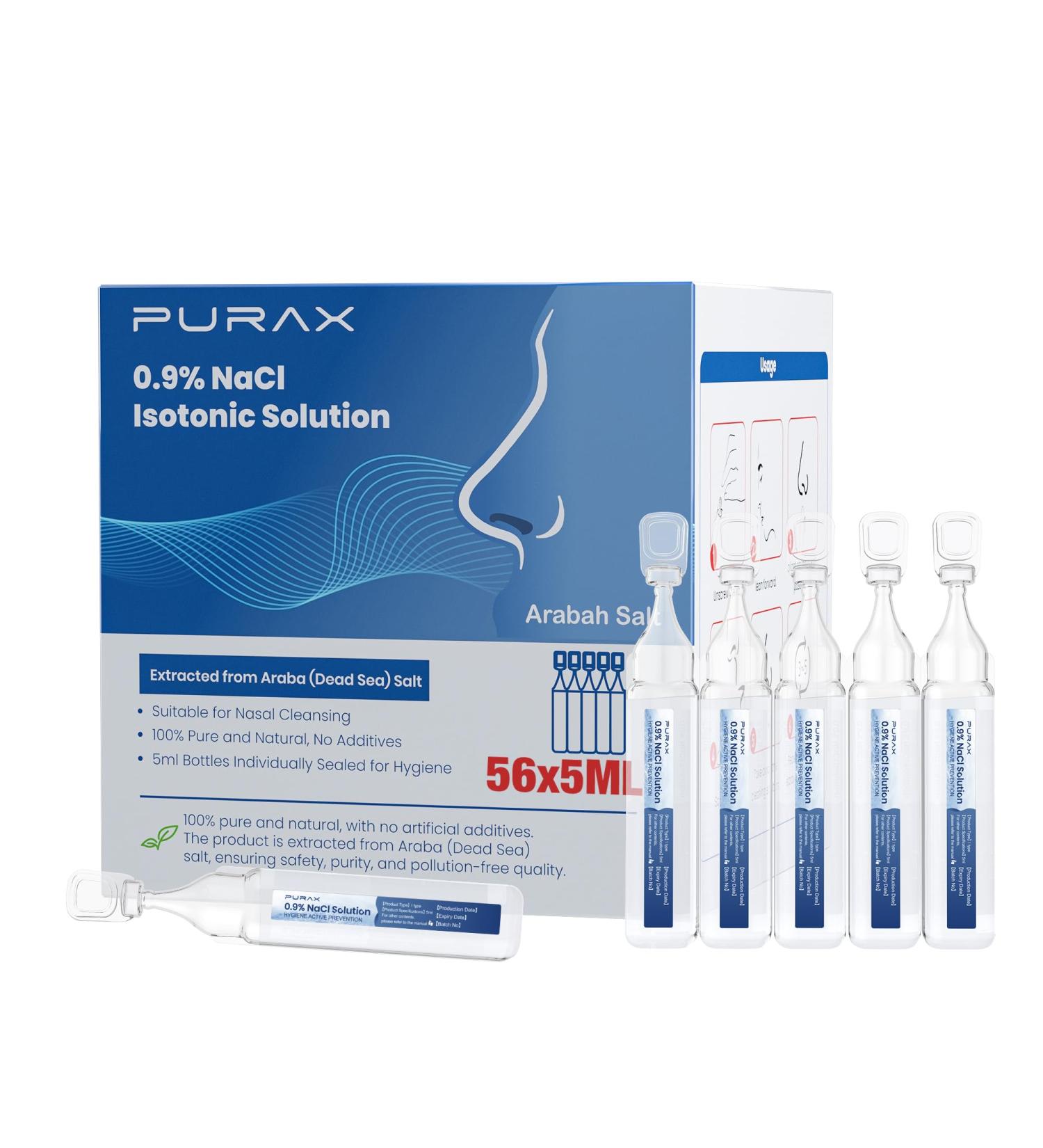 PURAX Saline Solution 0.9% Nasal Cleanse for Babies Kids and Adults Isotonic Saline Solution for Eye Care Wound Cleansing - 56 Count (5ml Each) - Buy Online on GoSupps.com