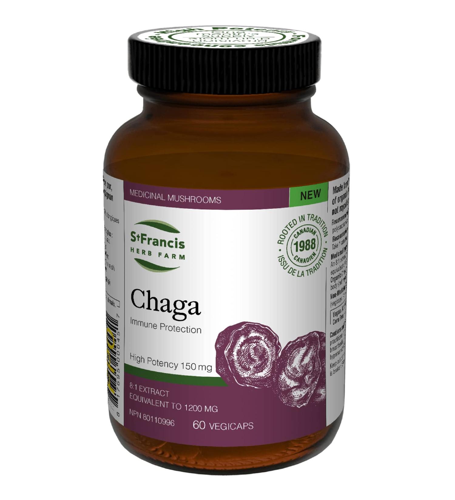 St. Francis Herb Farm Chaga Mushroom Capsules | 100% Pure | High Potency | Immune Booster | Fruiting Body | High in Beta Glucans | 60 Vegicaps - Buy Online on GoSupps.com
