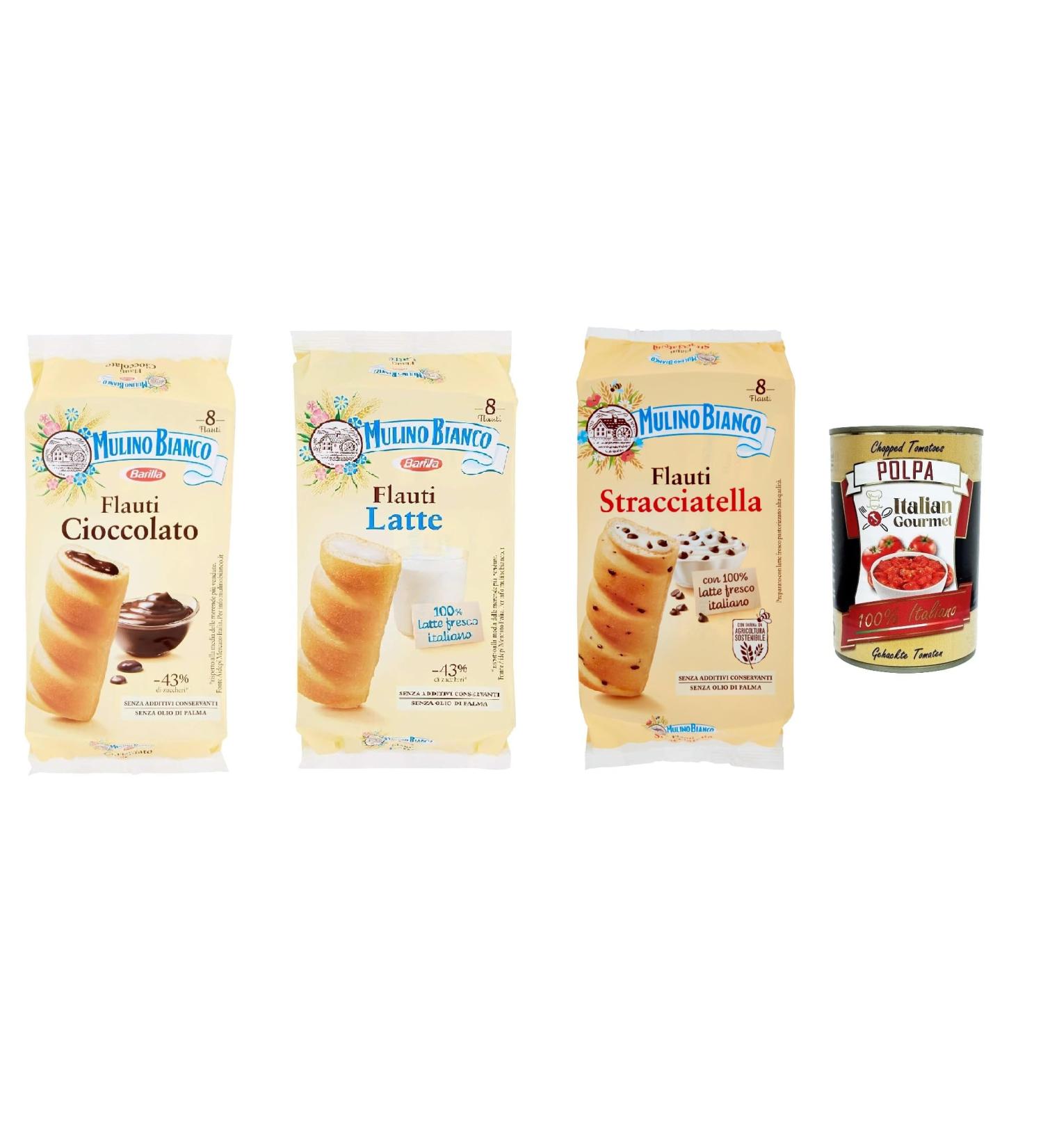 Mulino Bianco Flauti chocolate snacks stracciatella and milk to taste sweet between 3 x 280 g + Gourmet Italian pulp 400 g - Buy Online on GoSupps.com