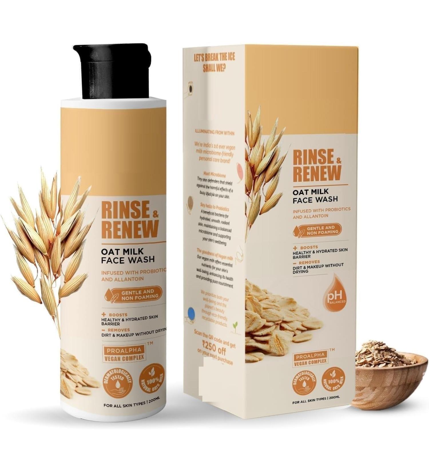 R.in.se & R.enew Oat Milk Face Wash Gentle Non-Foaming Cleanser with Probiotics Allantoin for All Skin Types pH Balanced 100ml