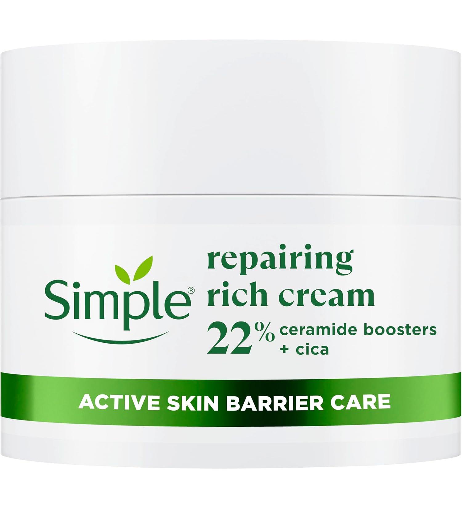 Simple Repairing Rich Face Cream facial moisturiser with 22% ceramide boosters organic cica and provitamin B5 for a stronger skin barrier repairs and replenishes very dry sensitive skin 50 ml - Buy Online on GoSupps.com