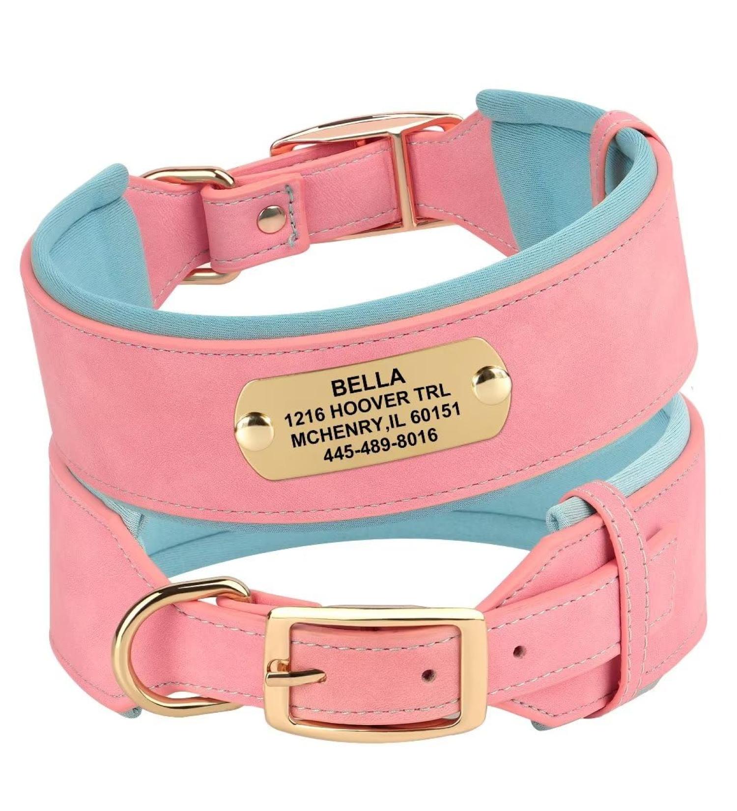 Personalized PU Leather Dog Collar for Medium & Large Dogs - Soft Padded Engraved Name Tag Comfortable Pink Design (L: 43-51cm) - Buy Online on GoSupps.com