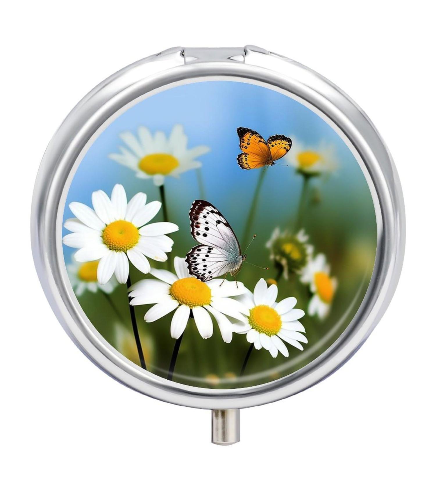 Compact 3-Compartment Pill Box with Butterfly & Daisy Design - Portable Travel Pill Organizer for Handbags & Pockets - Buy Online on GoSupps.com