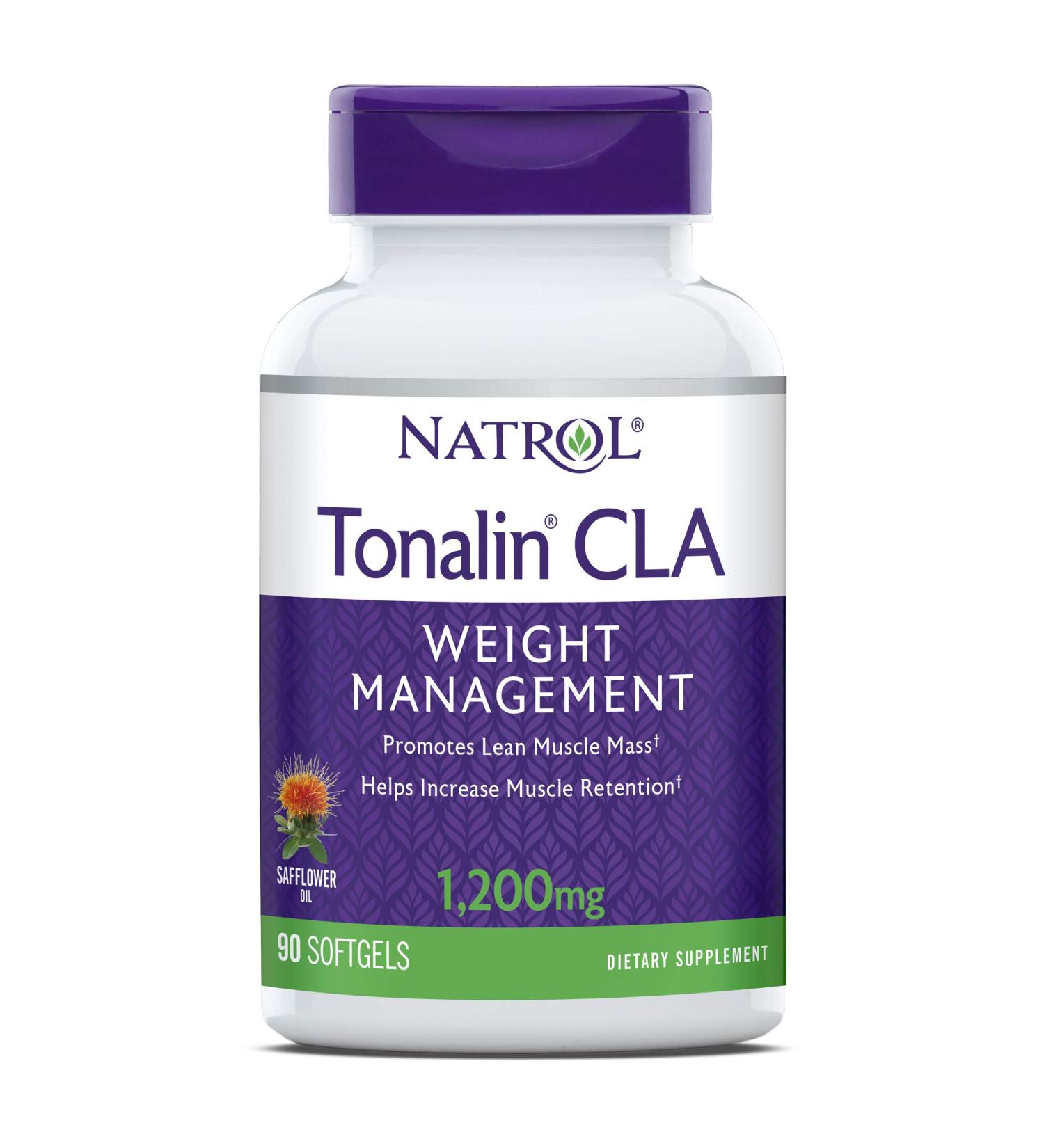 Natrol Tonalin CLA Softgels, Derived from safflower plant, Promotes lean muscle mass, Helpes increase muscle retention, Promotes fat metabolism, Weight management supplement, 1,200mg, 90 Count 90 Count (Pack of 1) Softgel
