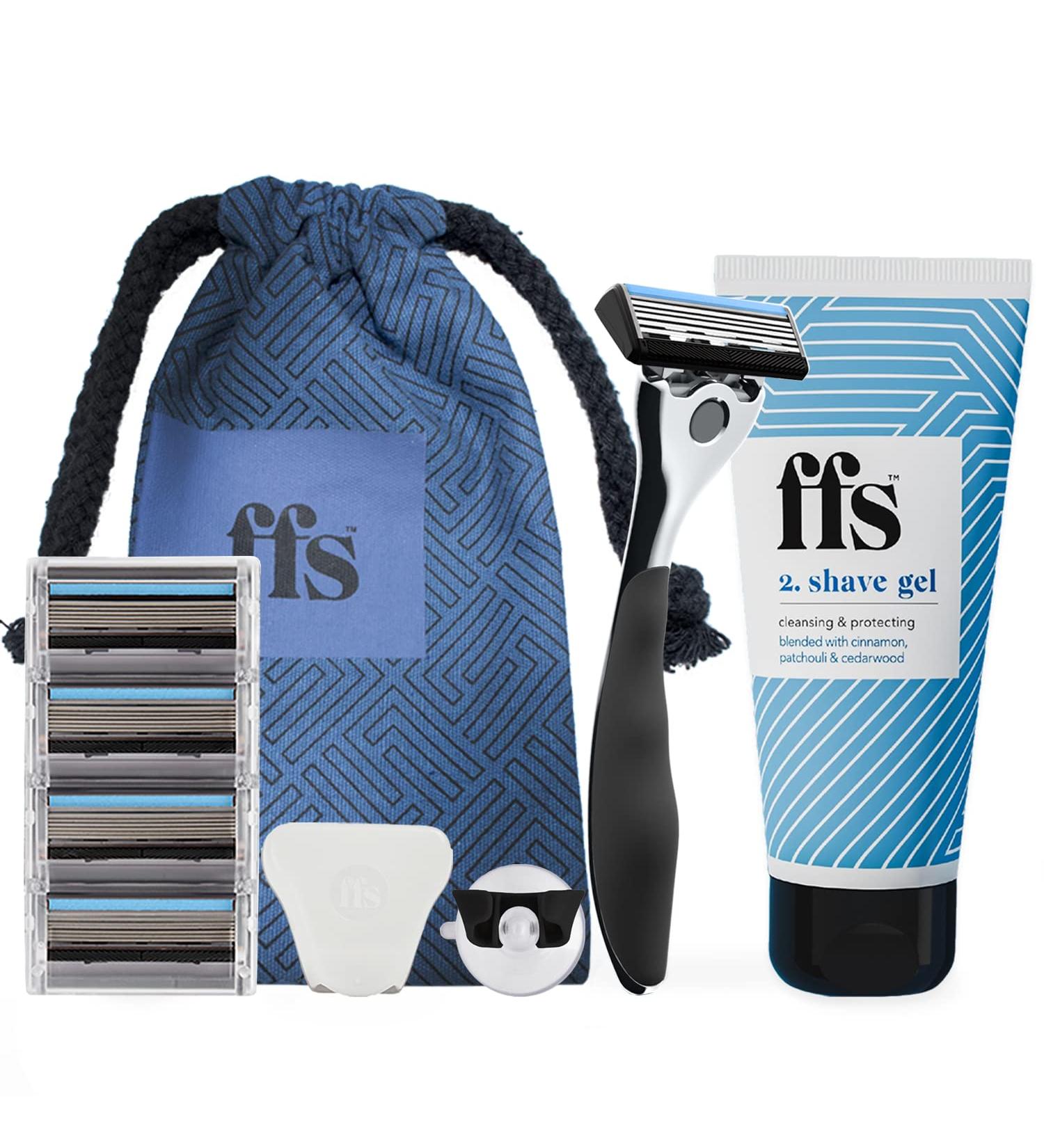 FFS Beauty Unisex Razor Gift Set | Premium Handle 4 Blade Refills & Precision Trimmer | Shave Gel, Shower Holder, Travel Pouch included - Buy Online on GoSupps.com