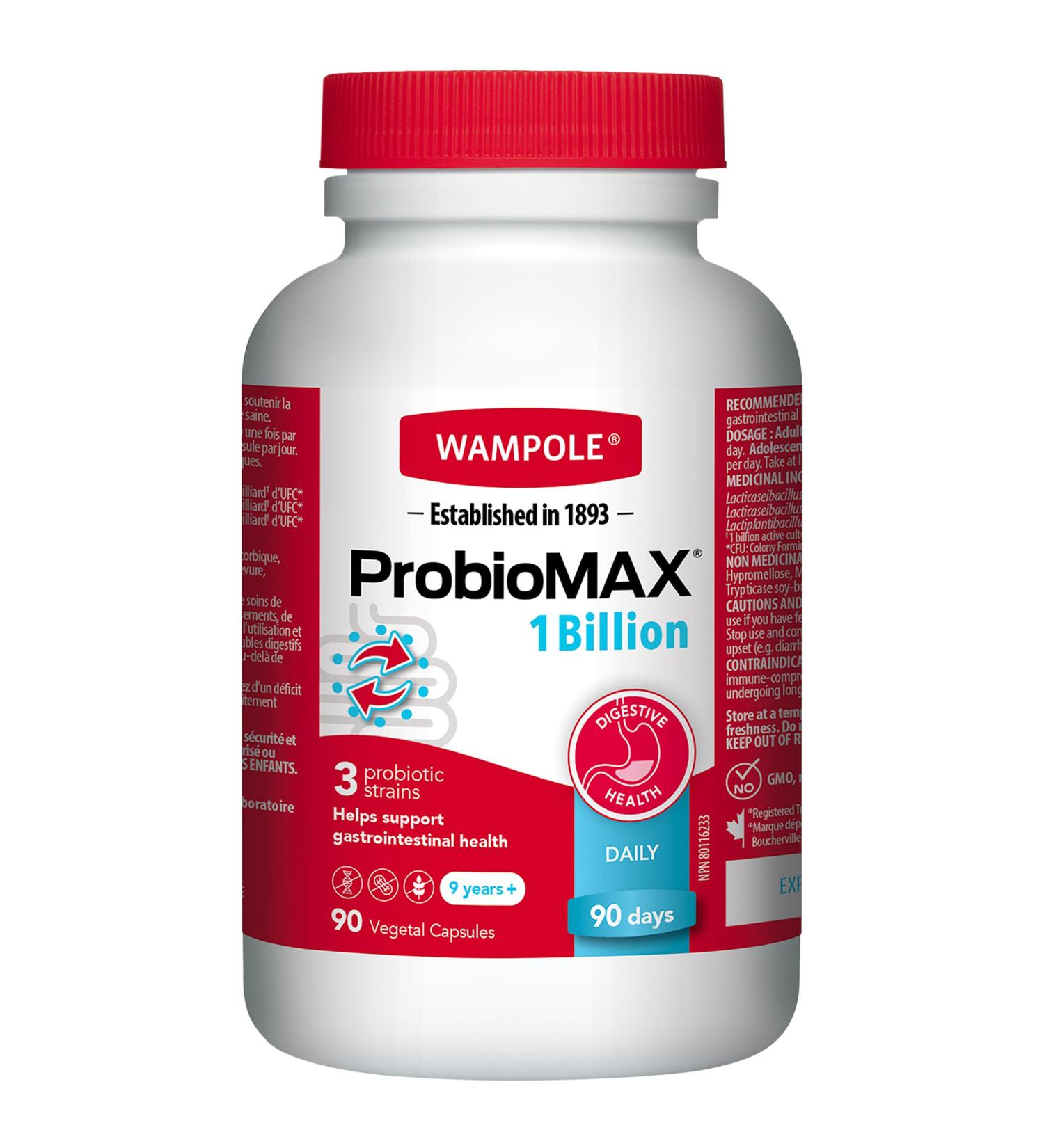 Wampole ProbioMax Daily 1 Billion Healthy Gut Flora 3 Strains 90 Vegetal Capsules - Buy Online on GoSupps.com
