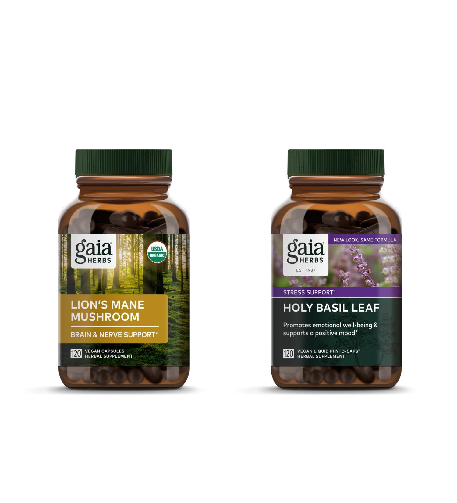 Gaia Herbs Lion s Mane Mushroom - Help Maintain Neurological Health - 120 Vegan Liquid Phyto-Capsules & Holy Basil Leaf - Helps Sustain a Positive Mindset and Balance in Times of Stress - 120 Vegan Li - Buy Online on GoSupps.com
